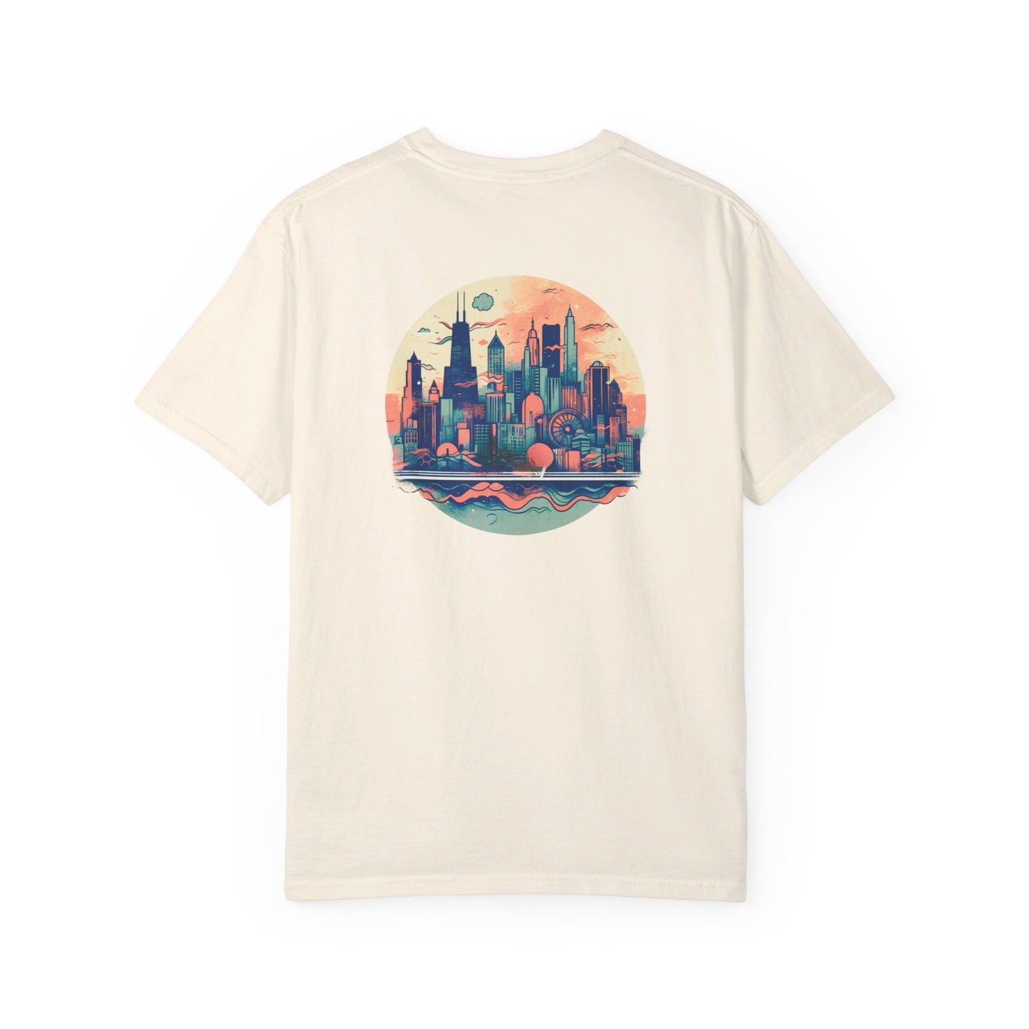 CHICAGO Funky Illustration of the Chicago Skyline on Back Grunge Chicago Logo on Front | Comfort Colors | Unisex Garment-Dyed T-shirt