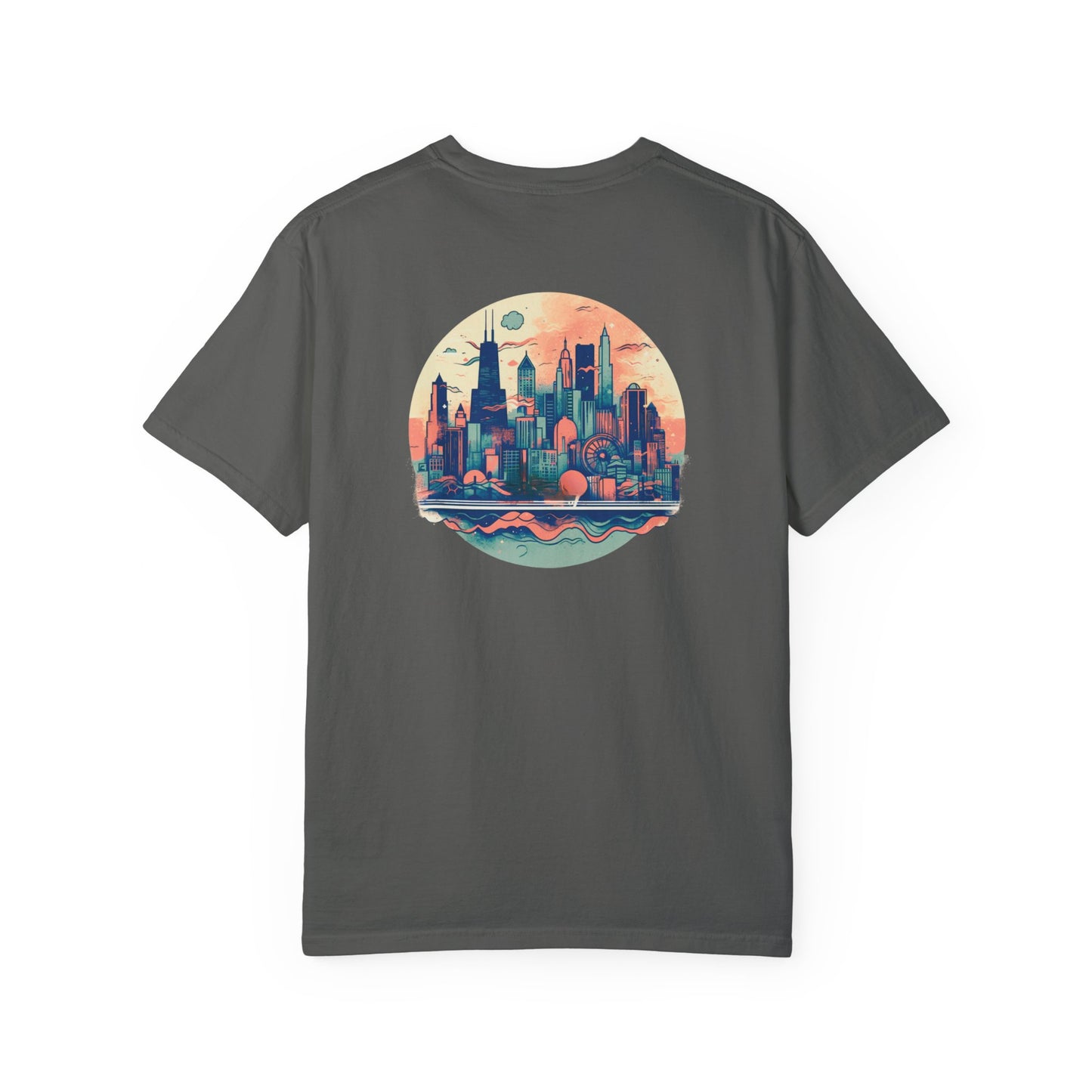 CHICAGO Funky Illustration of the Chicago Skyline on Back Grunge Chicago Logo on Front | Comfort Colors | Unisex Garment-Dyed T-shirt