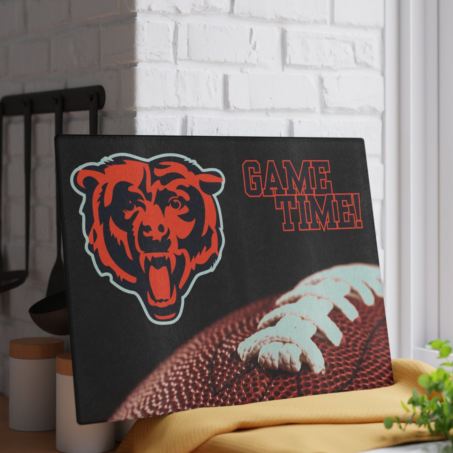 Game Time Football Closeup Black Background | Chicago Bears | Glass Cutting Board