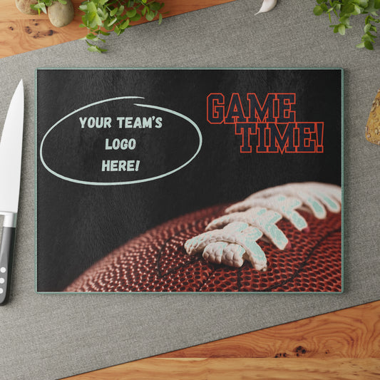 CUSTOM Your Team Logo with Color-Matching Text | Game Time Football Closeup Black Background | Glass Cutting Board