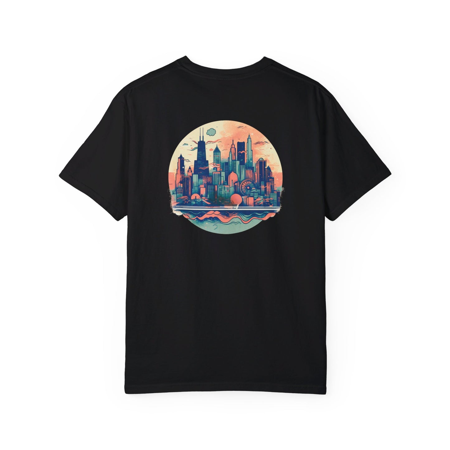 CHICAGO Funky Illustration of the Chicago Skyline on Back Grunge Chicago Logo on Front | Comfort Colors | Unisex Garment-Dyed T-shirt