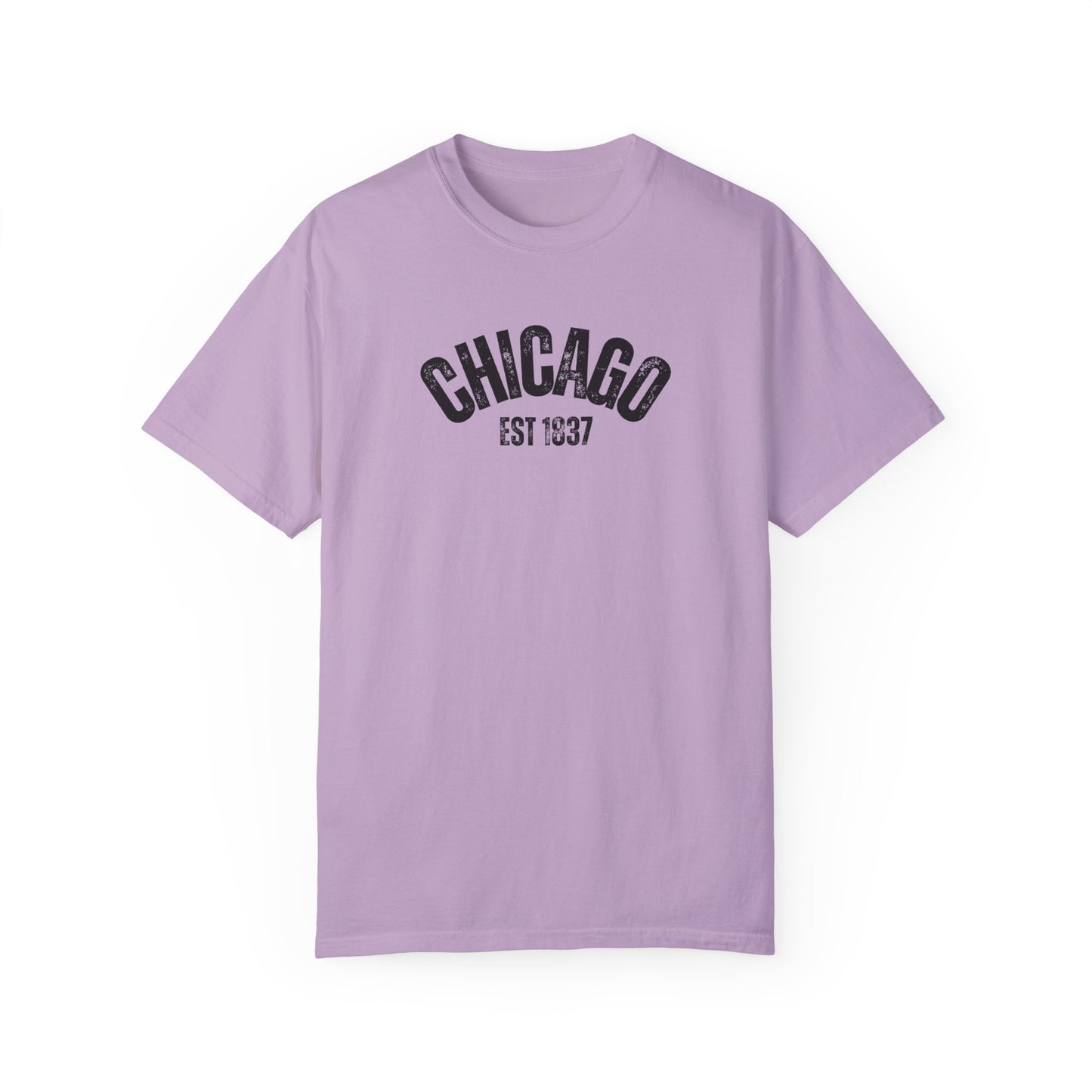 CHICAGO Funky Illustration of the Chicago Skyline on Back Grunge Chicago Logo on Front | Comfort Colors | Unisex Garment-Dyed T-shirt