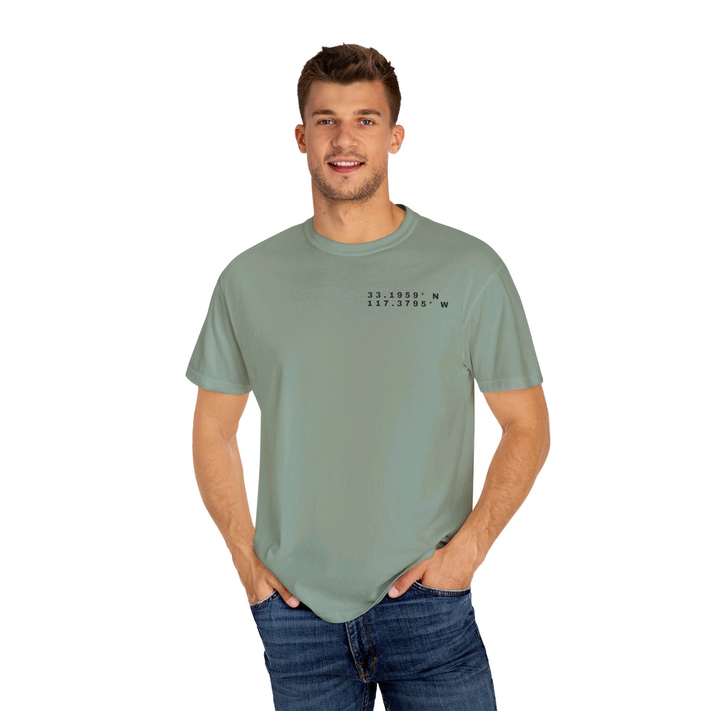 Oceanside CA Beach Ocean Waves Actual Photo on Back Longitude Latitude Coordinates on Front | Comfort Colors | Unisex Garment-Dyed T-shirt