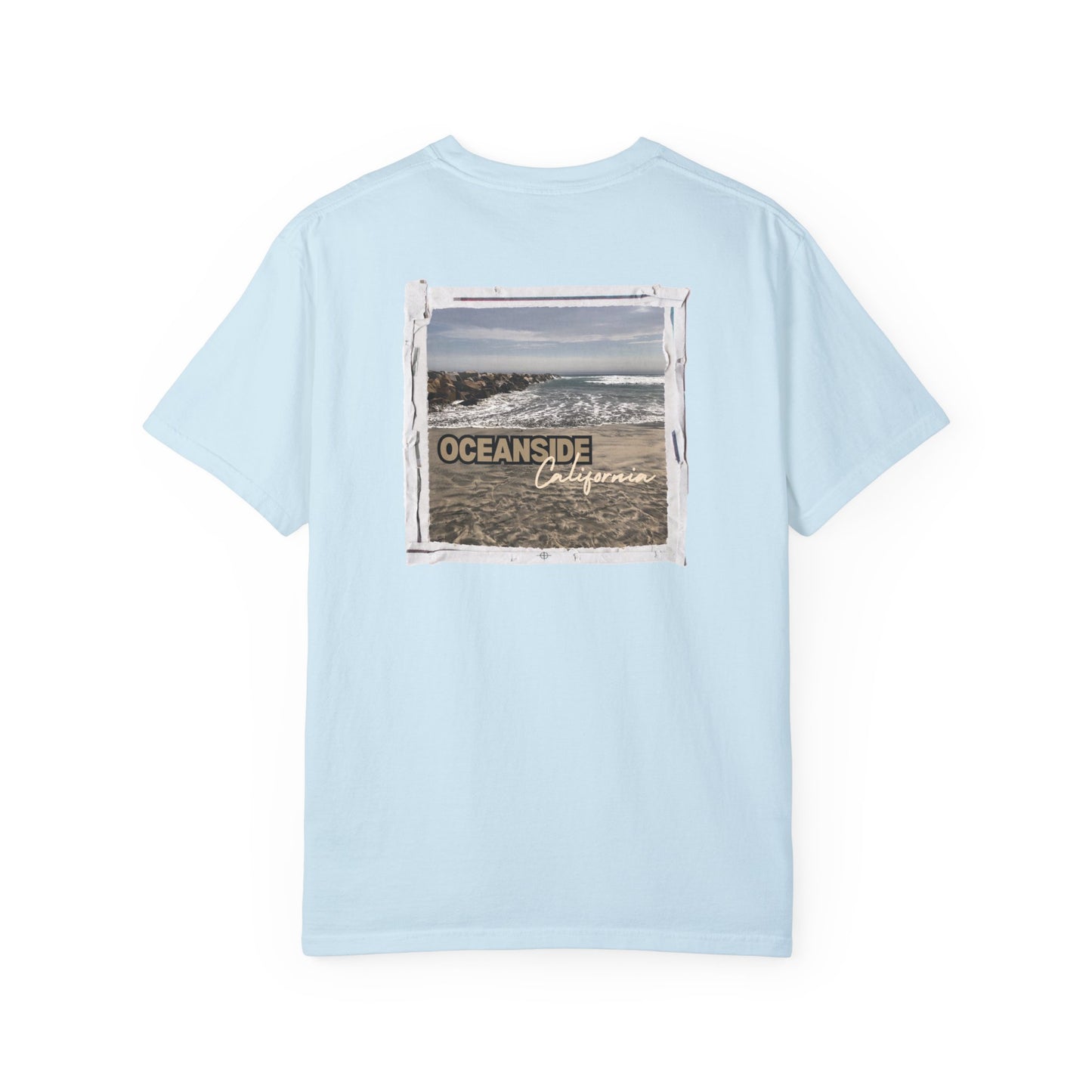 Oceanside CA Beach Ocean Waves Actual Photo on Back Longitude Latitude Coordinates on Front | Comfort Colors | Unisex Garment-Dyed T-shirt