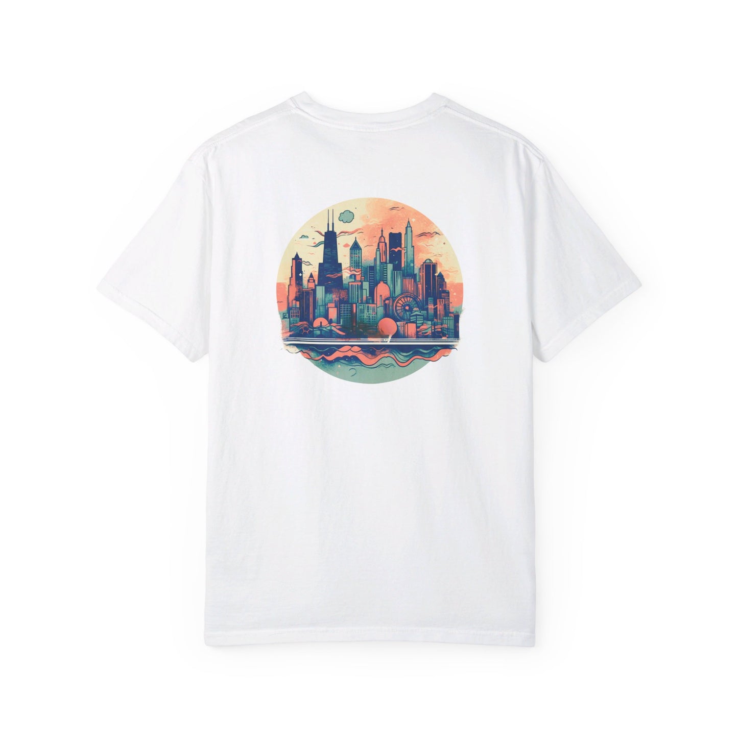 CHICAGO Funky Illustration of the Chicago Skyline on Back Grunge Chicago Logo on Front | Comfort Colors | Unisex Garment-Dyed T-shirt