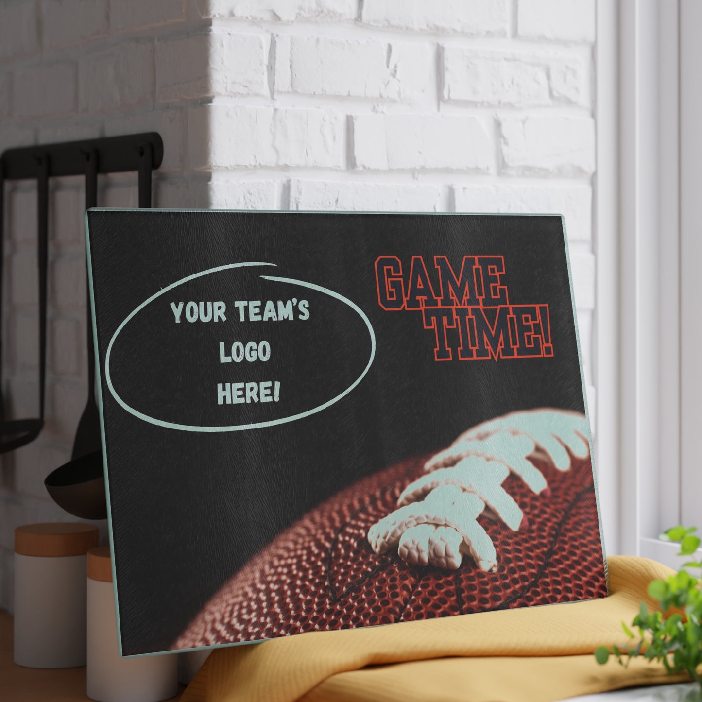 CUSTOM Your Team Logo with Color-Matching Text | Game Time Football Closeup Black Background | Glass Cutting Board