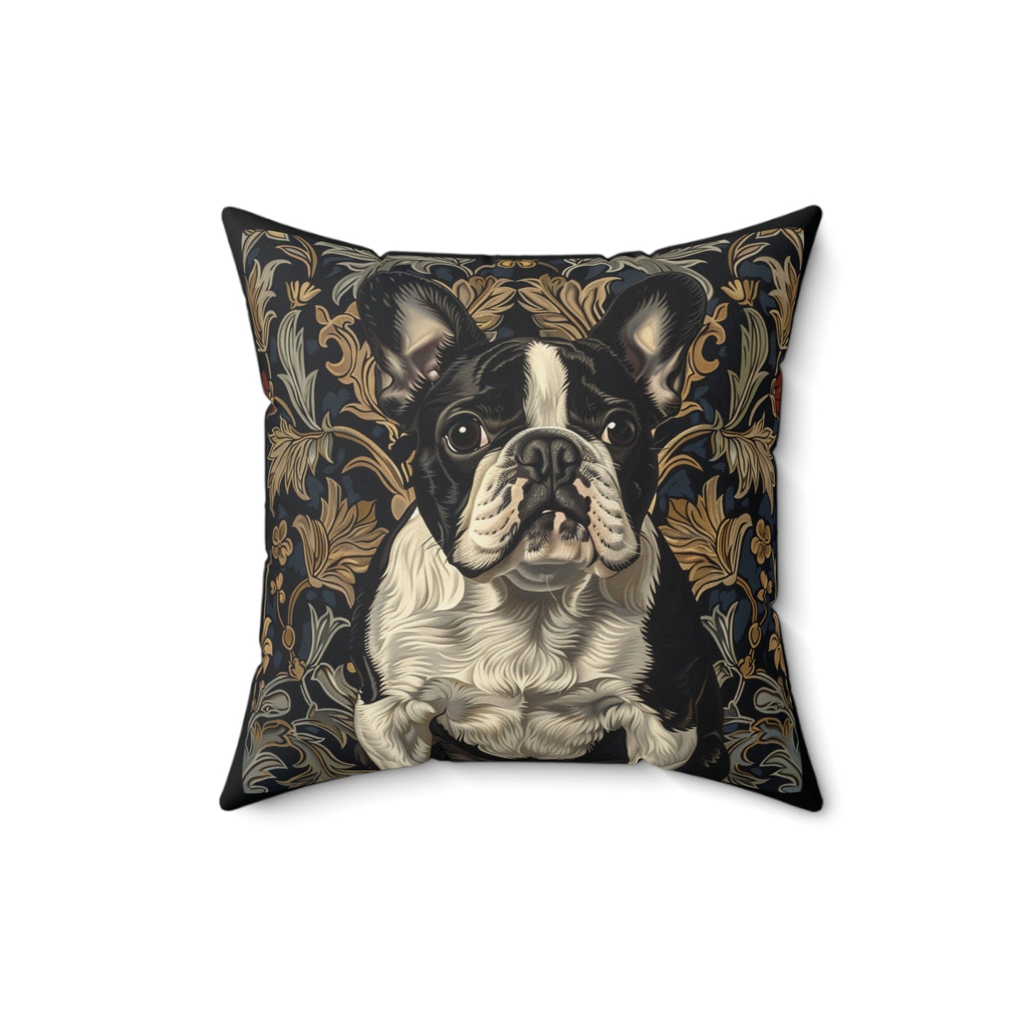 French Bulldog Black and White William Morris Style Gift Dog Lover Spun Polyester Square Pillow