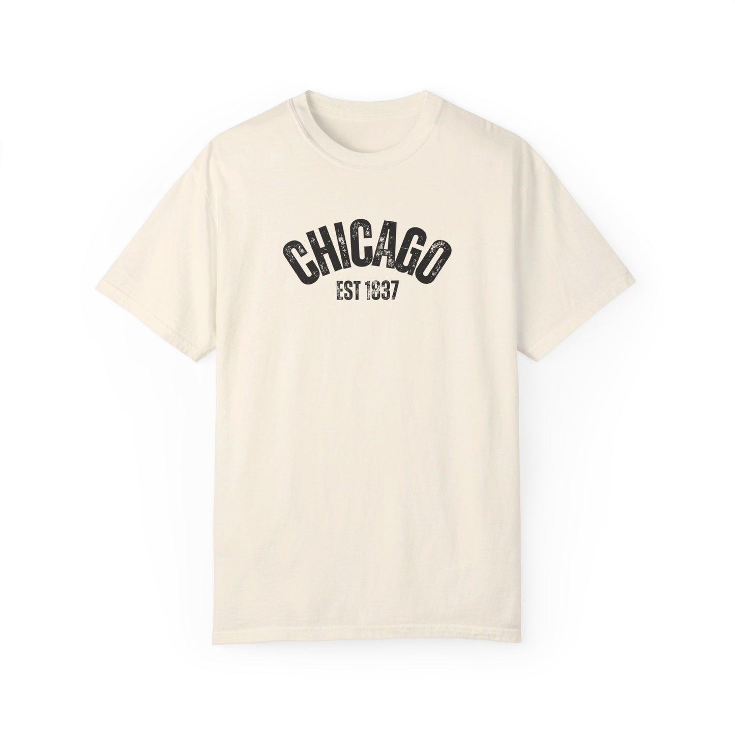 CHICAGO Funky Illustration of the Chicago Skyline on Back Grunge Chicago Logo on Front | Comfort Colors | Unisex Garment-Dyed T-shirt