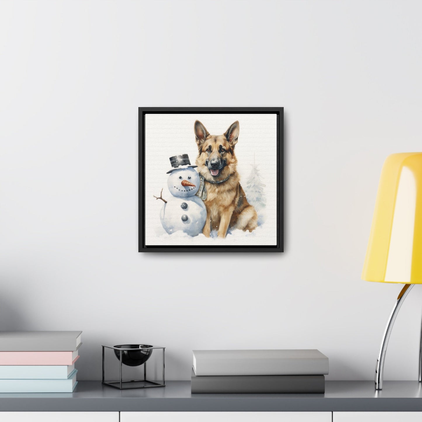 German Shepherd with Snowman Watercolor | Framed Canvas