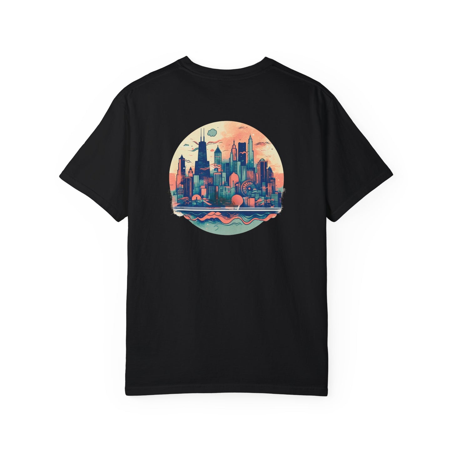 CHICAGO Funky Illustration of the Chicago Skyline on Back Grunge Chicago Logo on Front | Comfort Colors | Unisex Garment-Dyed T-shirt