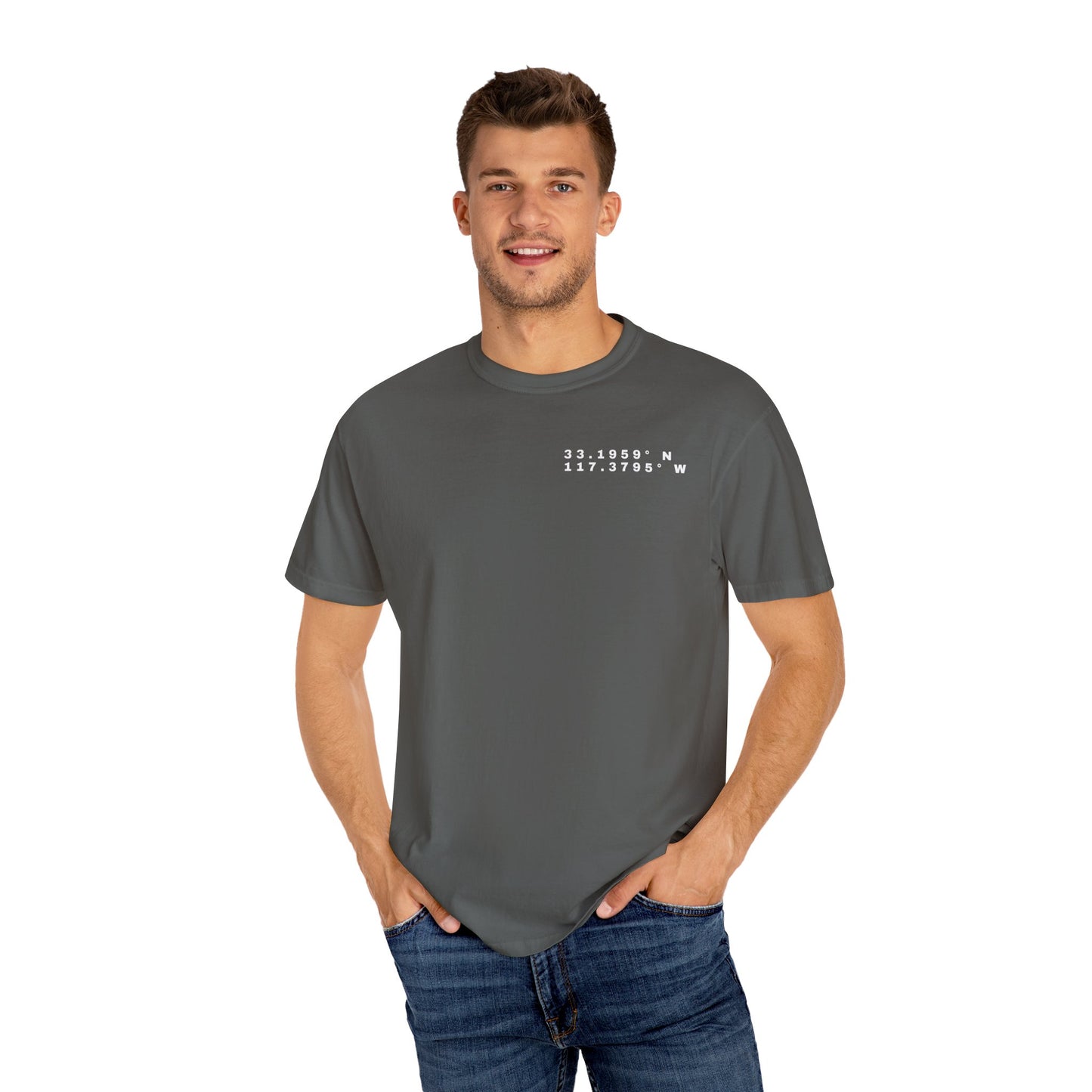 Oceanside CA Beach Ocean Waves Actual Photo on Back Longitude Latitude Coordinates on Front | Comfort Colors | Unisex Garment-Dyed T-shirt