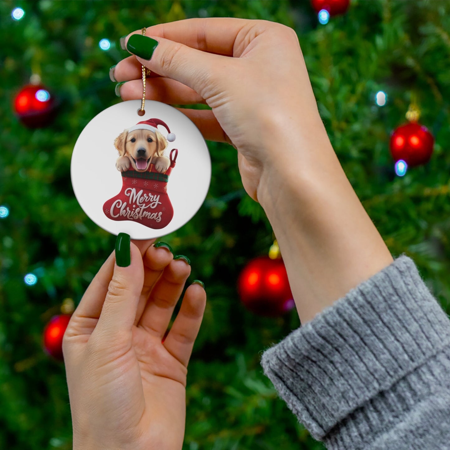 Golden Retriever Puppy in Stocking with Santa Hat | Ceramic Ornament, Circle (white background)