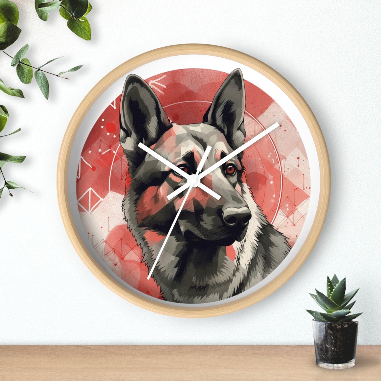 German Shepherd Red Geometric Retro Wall Clock