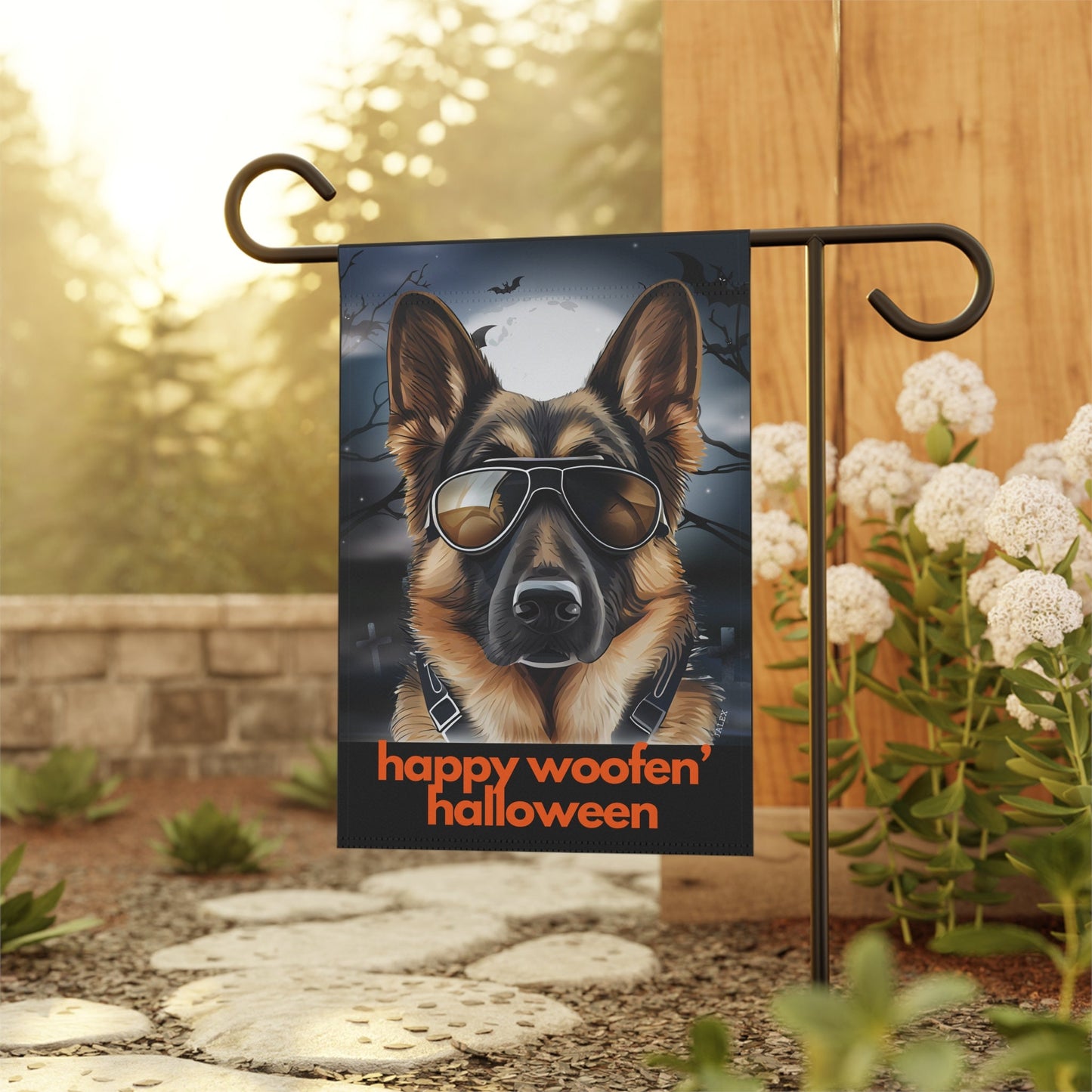 German Shepherd Flag, Garden Flag, Happy Woofen' Halloween II, House Flag, Banner, Printed Both Sides