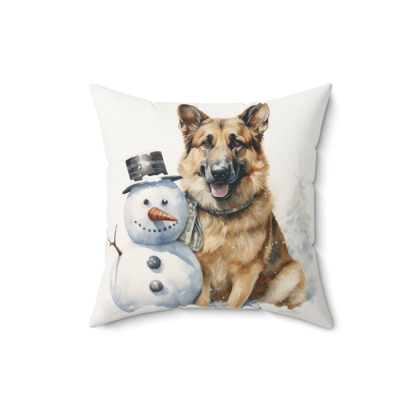 German Shepherd and Snowman Watercolor Pillow