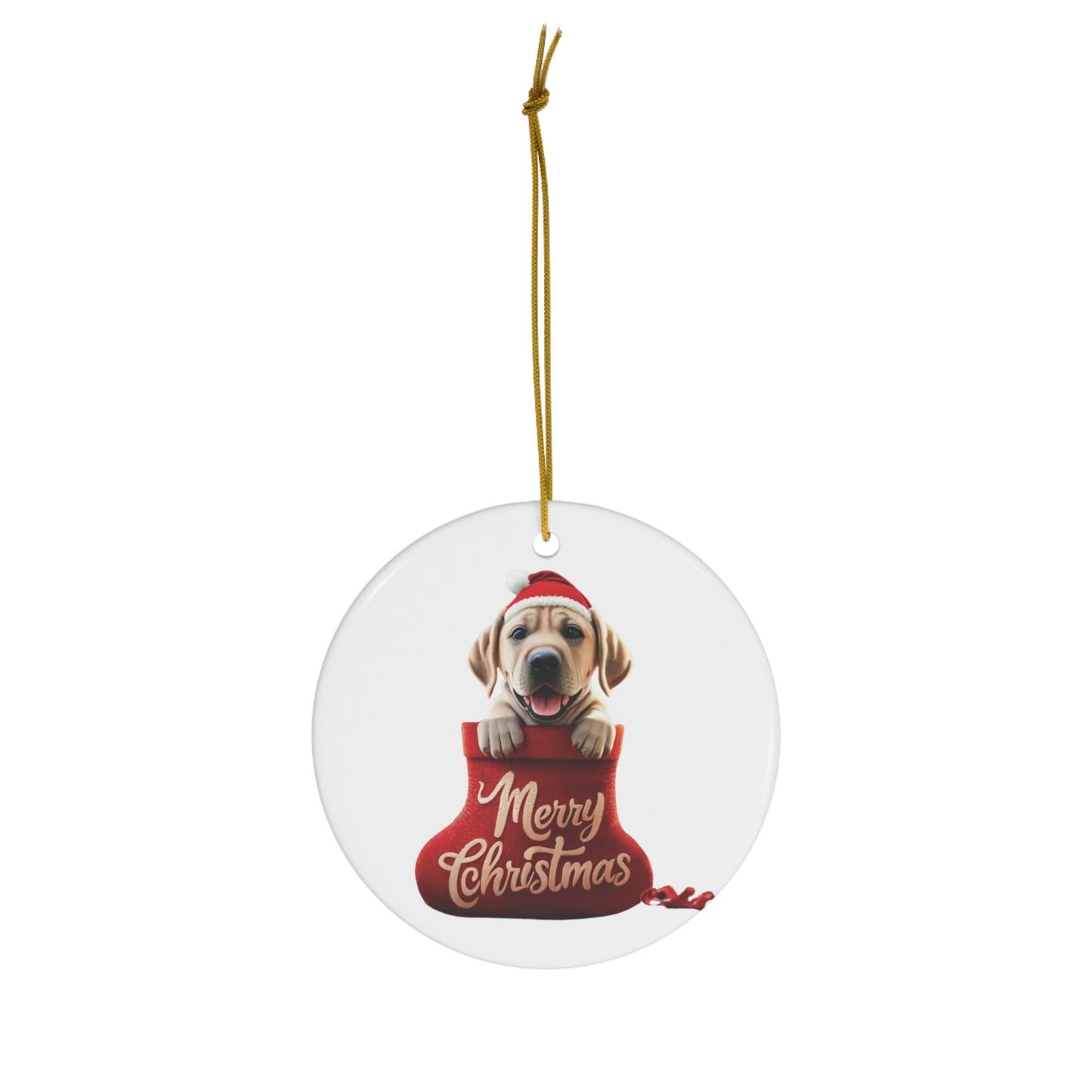 Labrador Retriever Puppy in Stocking with Santa Hat | Ceramic Ornament, Circle (white background)