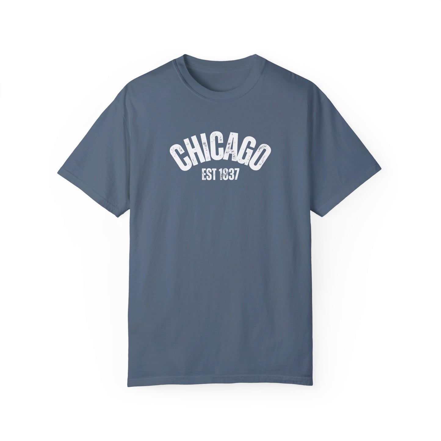 CHICAGO Funky Illustration of the Chicago Skyline on Back Grunge Chicago Logo on Front | Comfort Colors | Unisex Garment-Dyed T-shirt