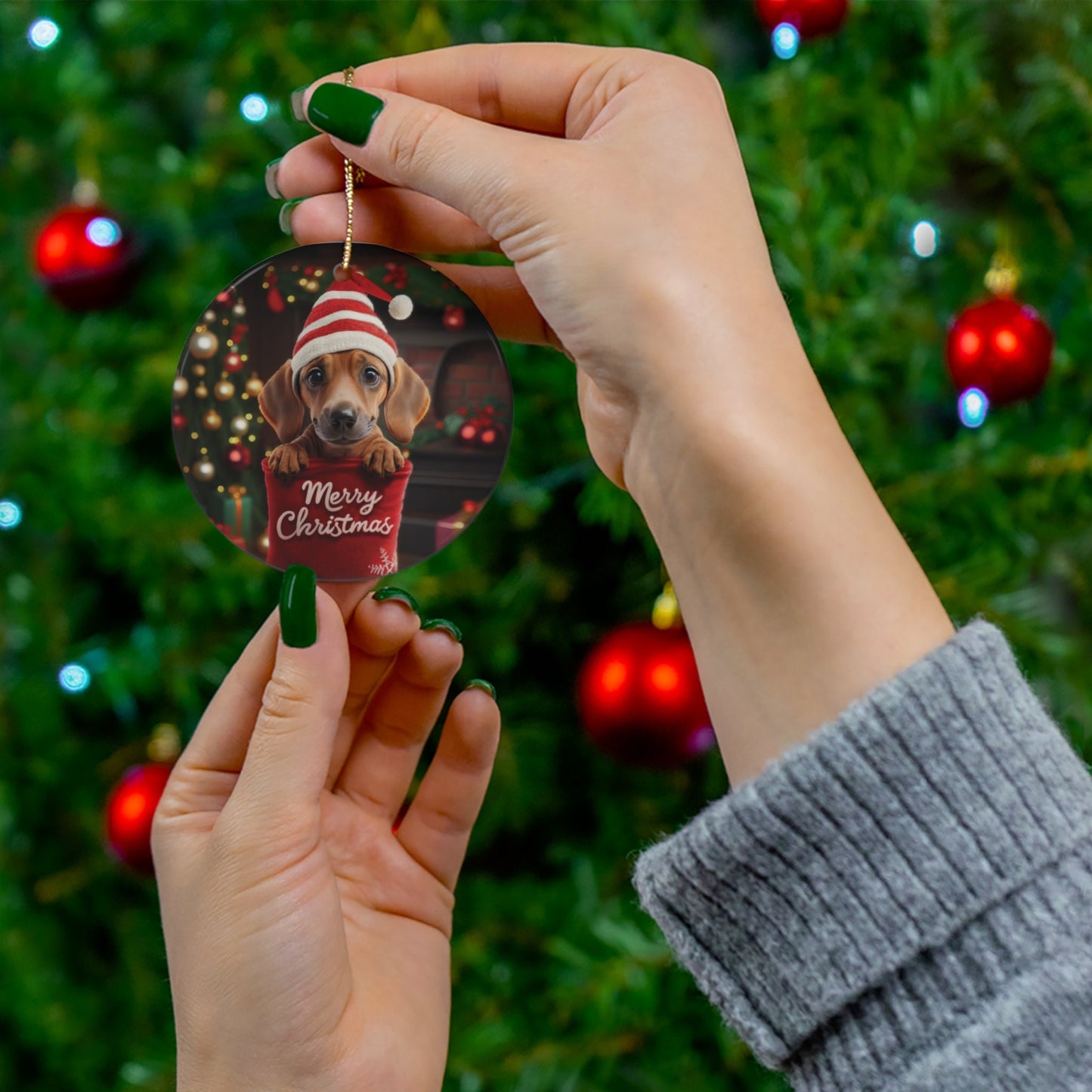 Dachshund Puppy in Stocking with Santa Hat | Ceramic Ornament, Circle