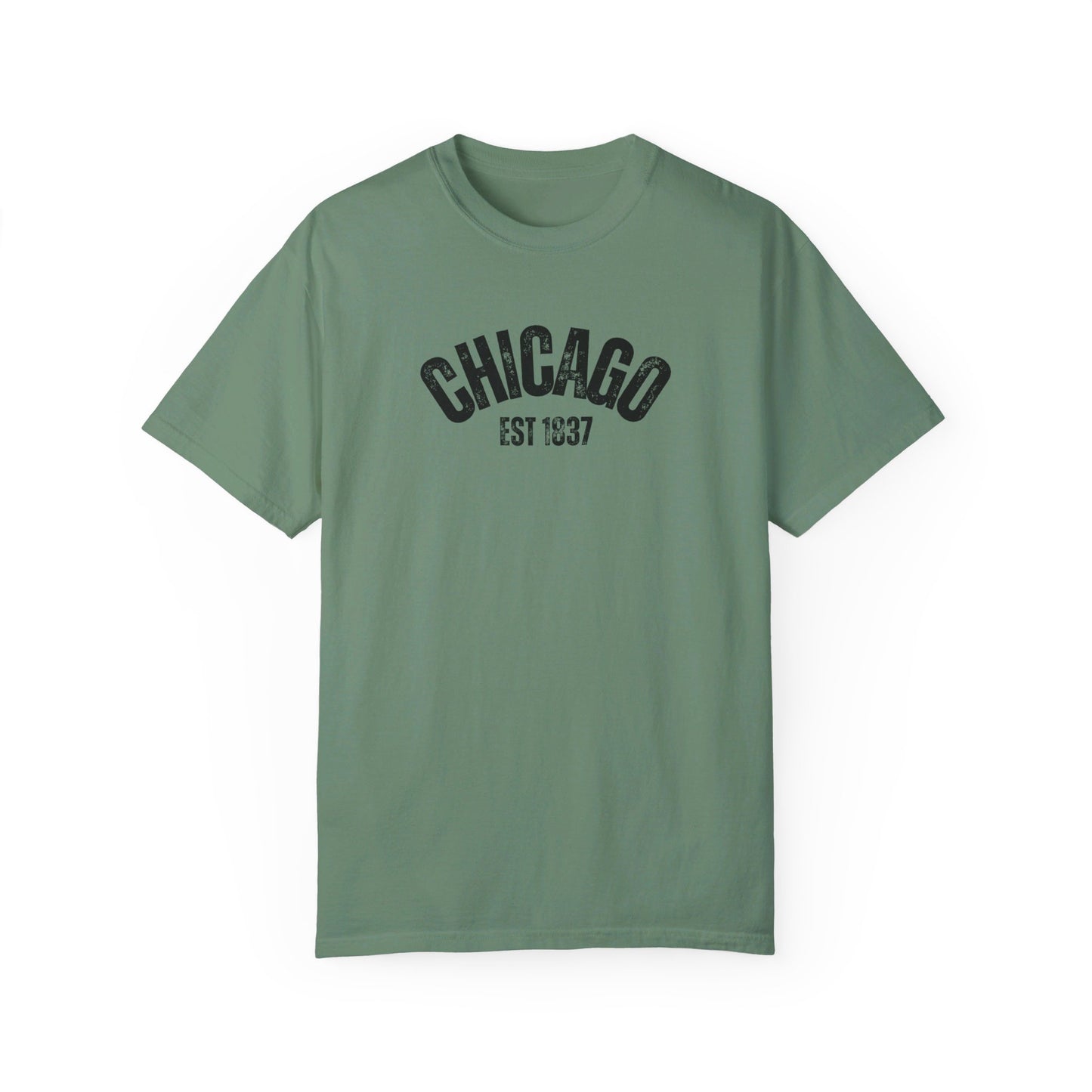 CHICAGO Funky Illustration of the Chicago Skyline on Back Grunge Chicago Logo on Front | Comfort Colors | Unisex Garment-Dyed T-shirt