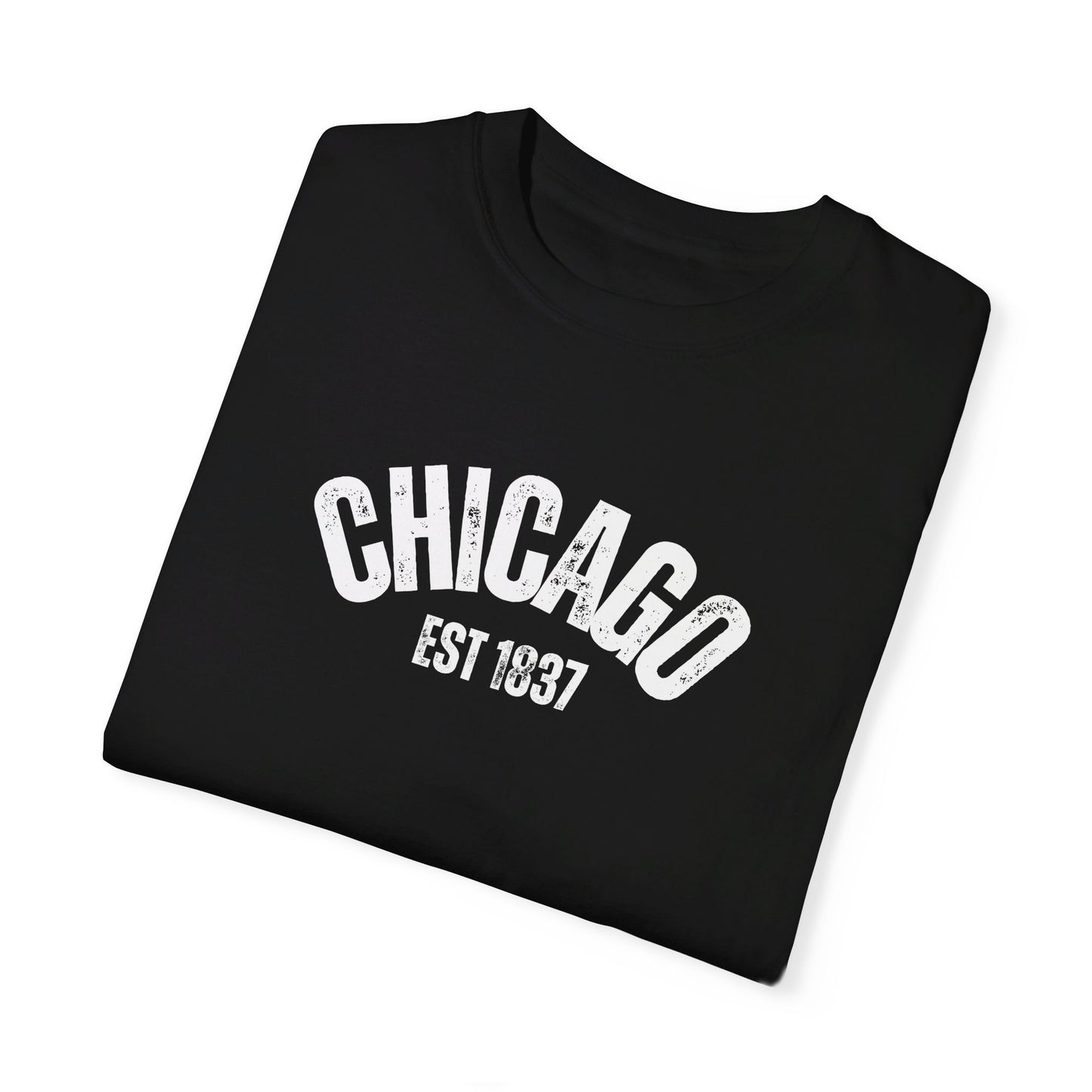 CHICAGO Funky Illustration of the Chicago Skyline on Back Grunge Chicago Logo on Front | Comfort Colors | Unisex Garment-Dyed T-shirt