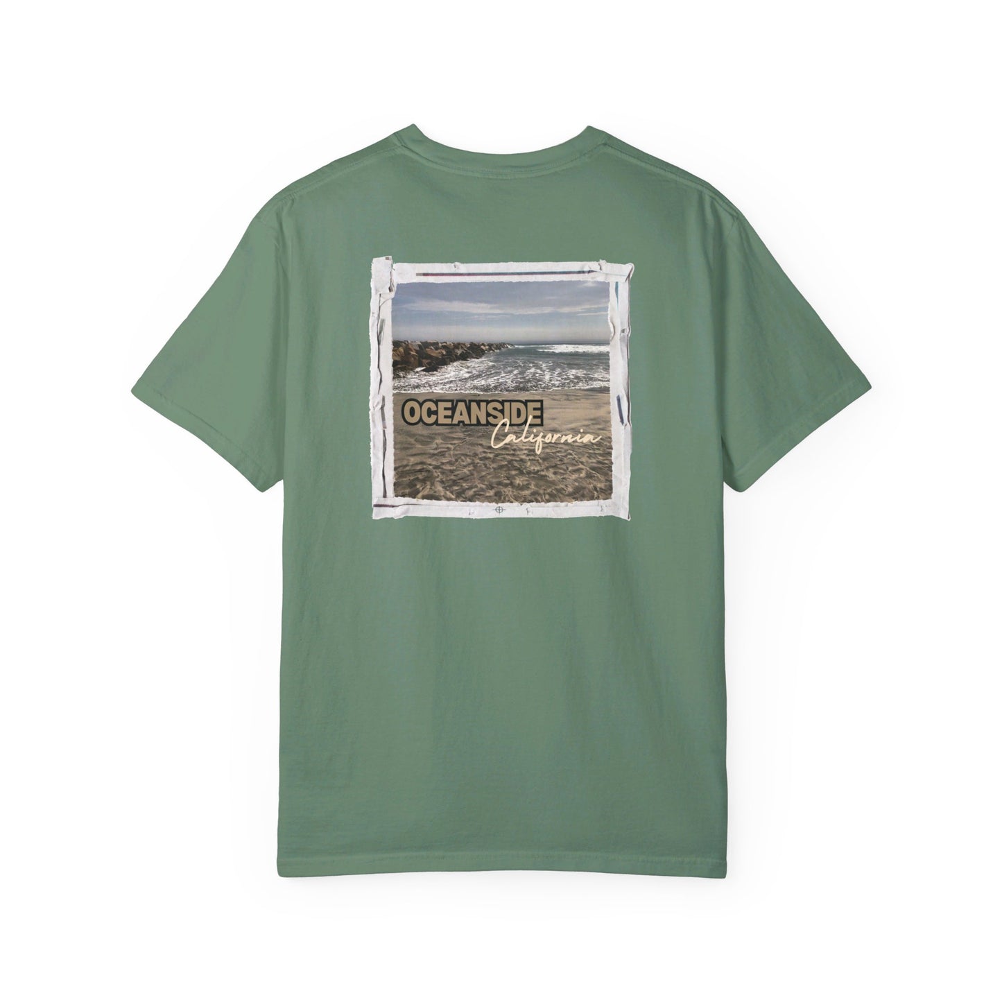 Oceanside CA Beach Ocean Waves Actual Photo on Back Longitude Latitude Coordinates on Front | Comfort Colors | Unisex Garment-Dyed T-shirt