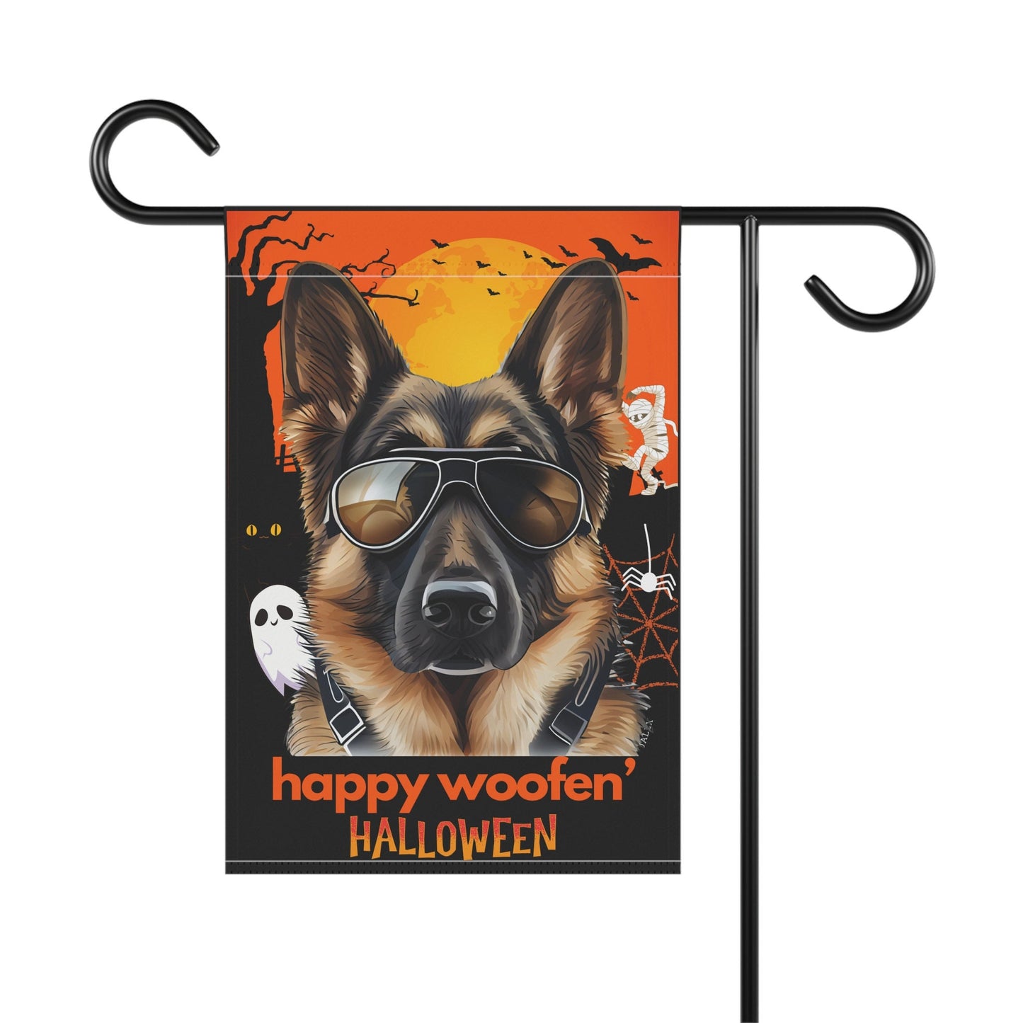 German Shepherd Flag, Garden Flag, Happy Woofen' Halloween, House Flag, Banner, Printed Both Sides