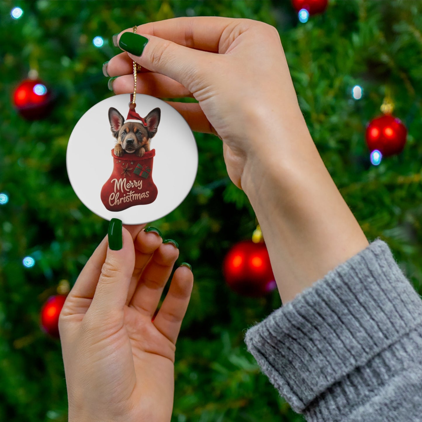 German Shepherd Puppy in Stocking with Santa Hat | Ceramic Ornament, Circle (white background)