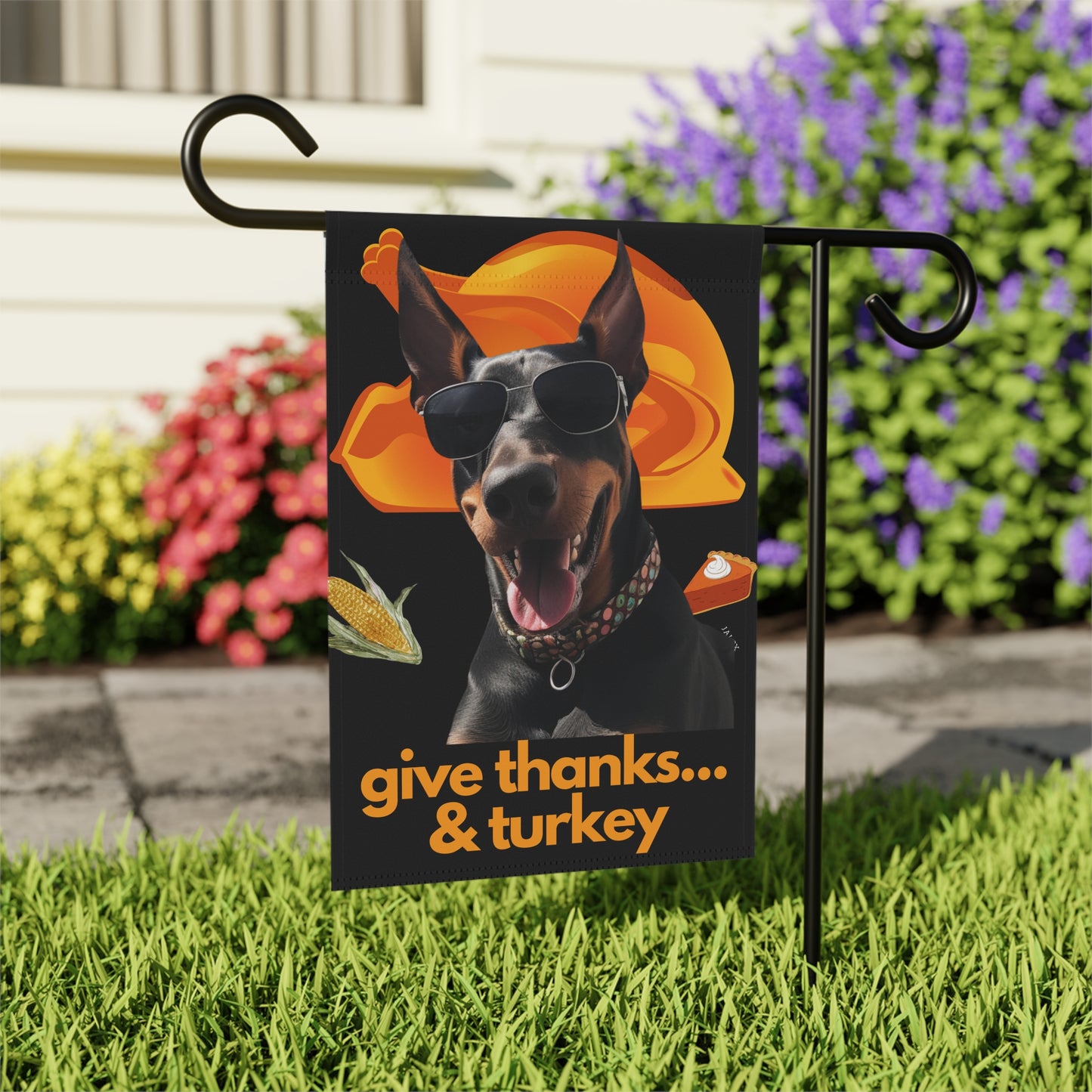 Doberman Flag, Garden Flag, Give Thanks & Turkey, House Flag, Banner, Printed Both Sides