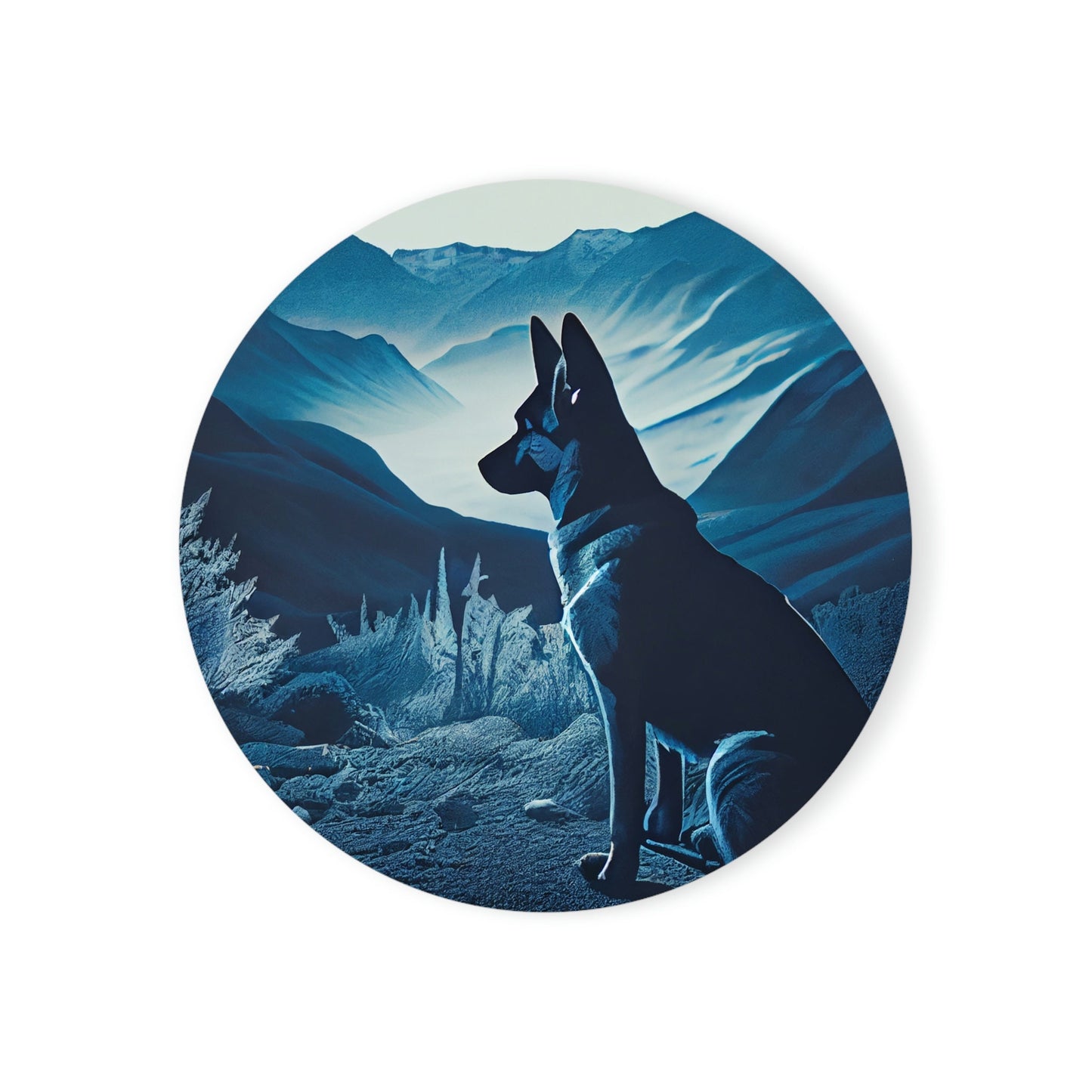 German Shepherd Blue Landscape Square or Round Cork Back Coaster