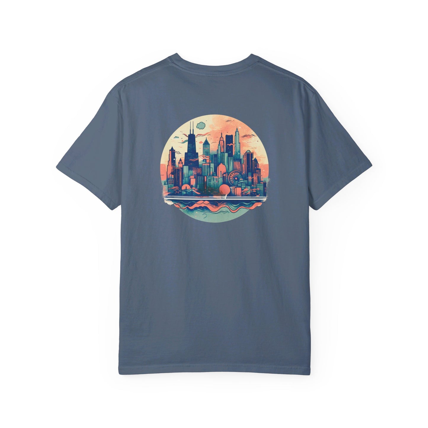 CHICAGO Funky Illustration of the Chicago Skyline on Back Grunge Chicago Logo on Front | Comfort Colors | Unisex Garment-Dyed T-shirt