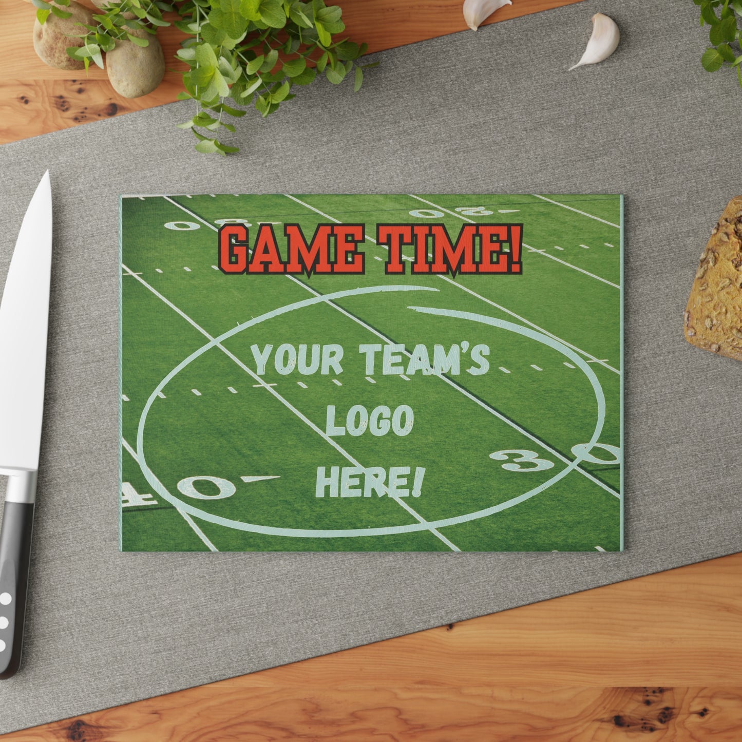 CUSTOM Your Team Logo Game Time Football Field Green | Glass Cutting Board