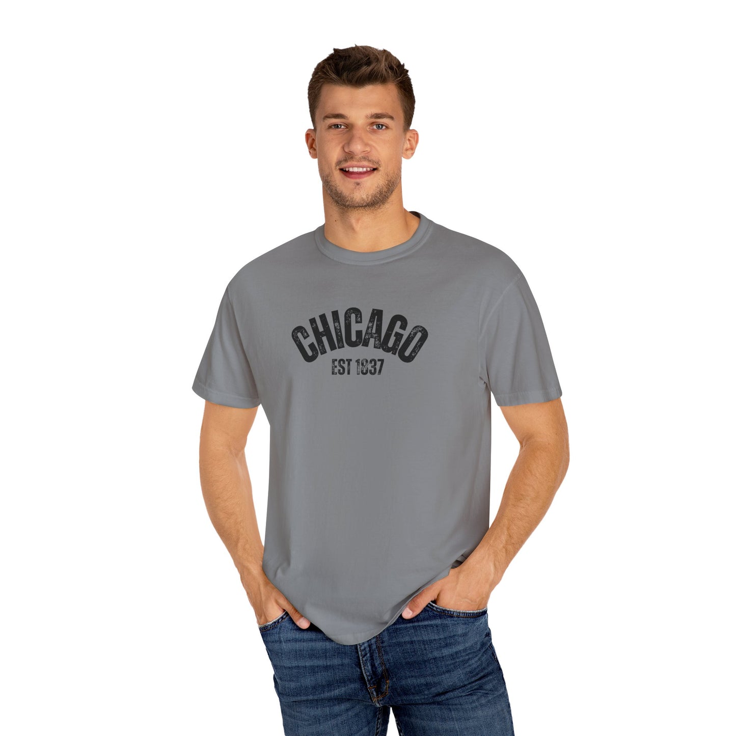 CHICAGO Funky Illustration of the Chicago Skyline on Back Grunge Chicago Logo on Front | Comfort Colors | Unisex Garment-Dyed T-shirt