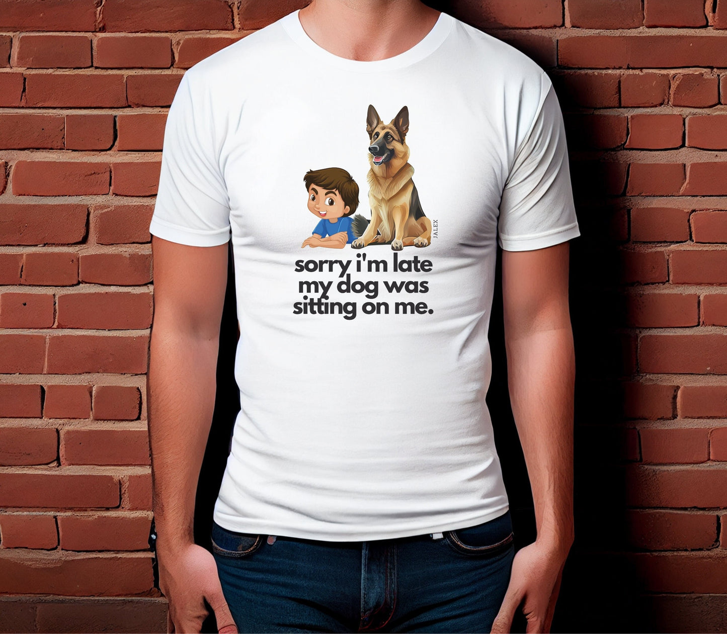 German Shepherd w boy "dog sitting on me" Unisex Jersey Short Sleeve Tee