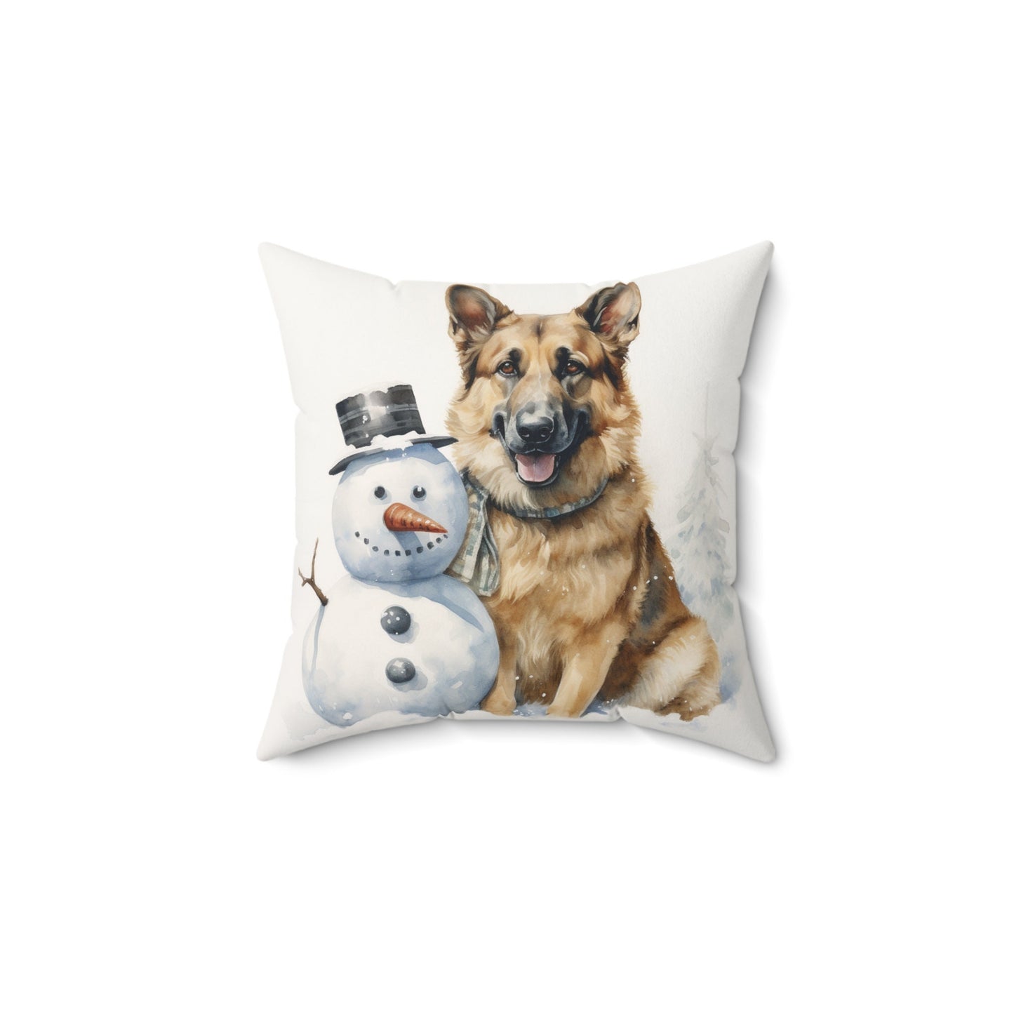 German Shepherd and Snowman Watercolor Pillow