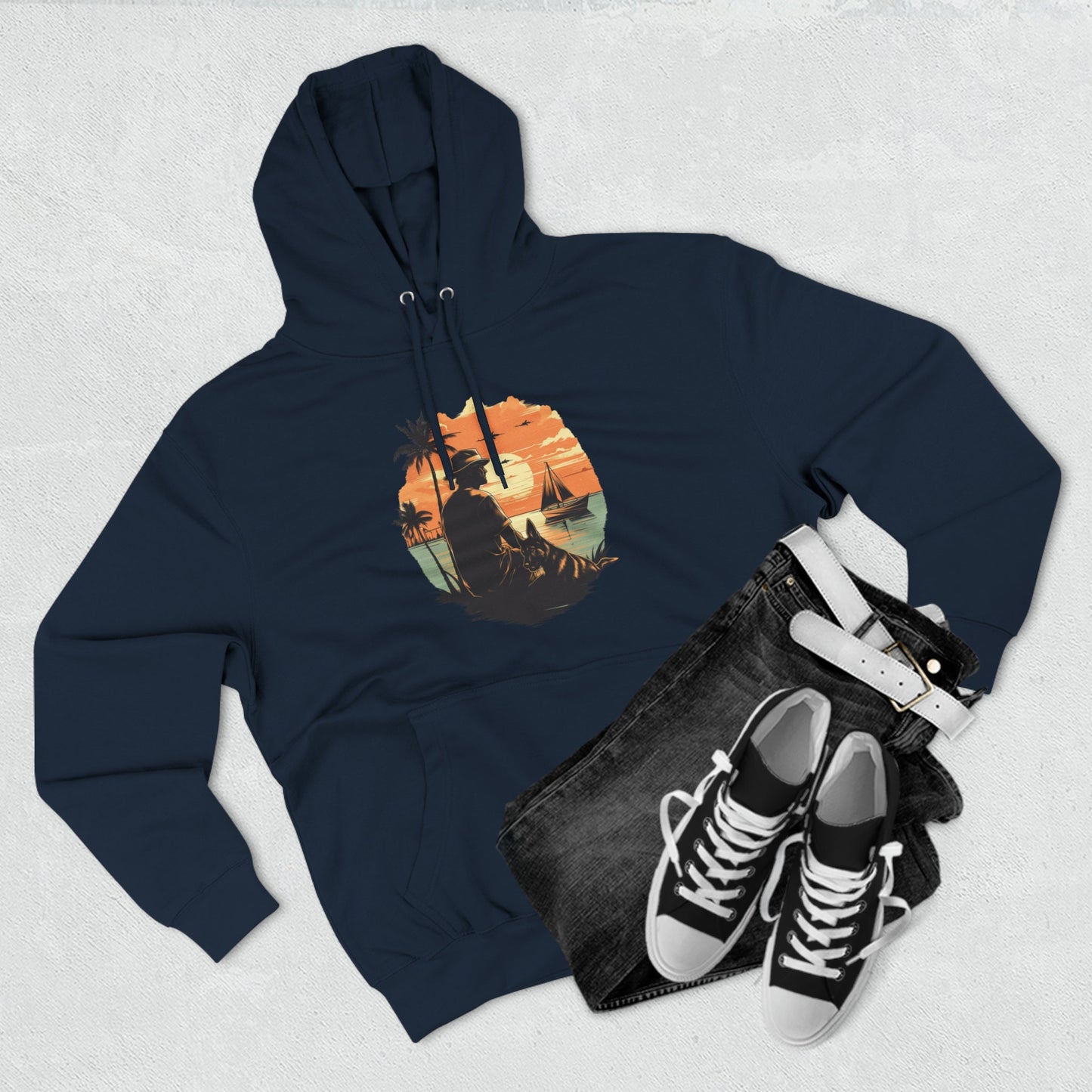 German Shepherd with Man Palm Trees Ocean Sunset Retro Vintage Hoodie | Unisex Premium Pullover Hoodie | Gifts for Dog Lovers