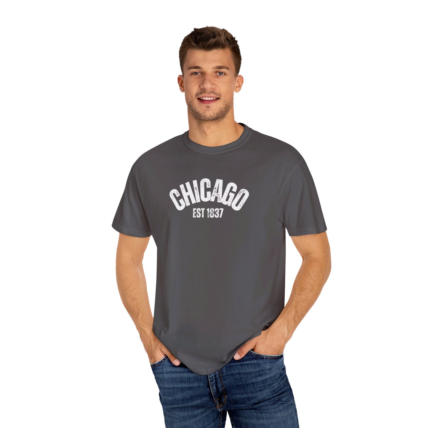 CHICAGO Funky Illustration of the Chicago Skyline on Back Grunge Chicago Logo on Front | Comfort Colors | Unisex Garment-Dyed T-shirt