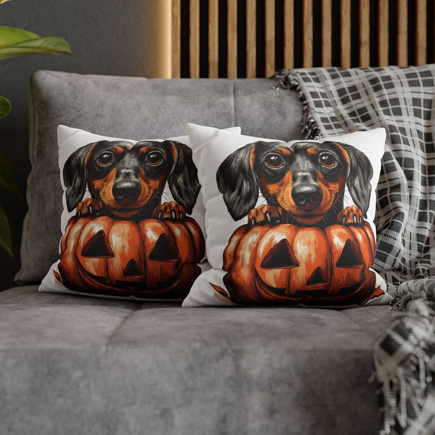 Cute Dachshund with Pumpkin | Spun Polyester Square Pillowcase