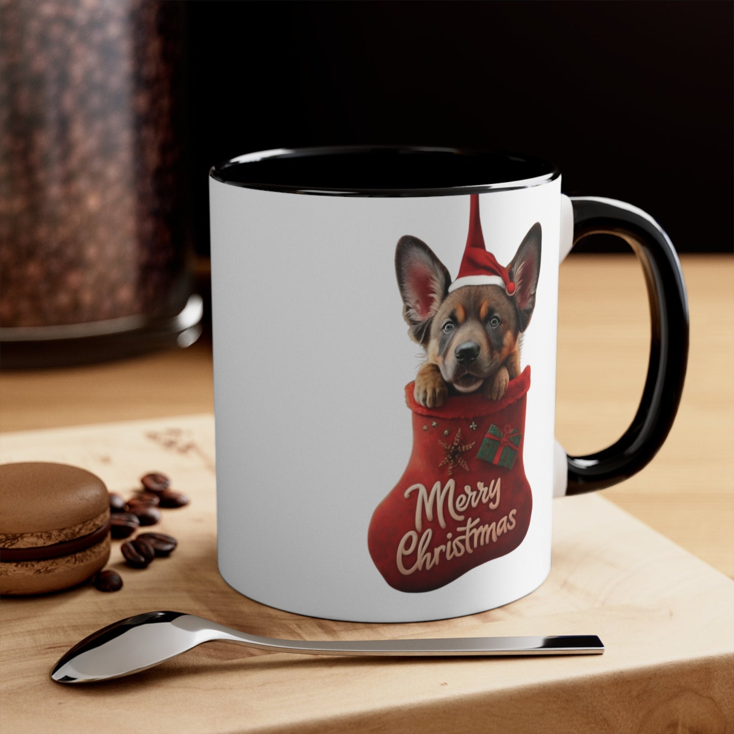 German Shepherd in Stocking with Santa Hat Merry Christmas | Coffee Mug, 11oz