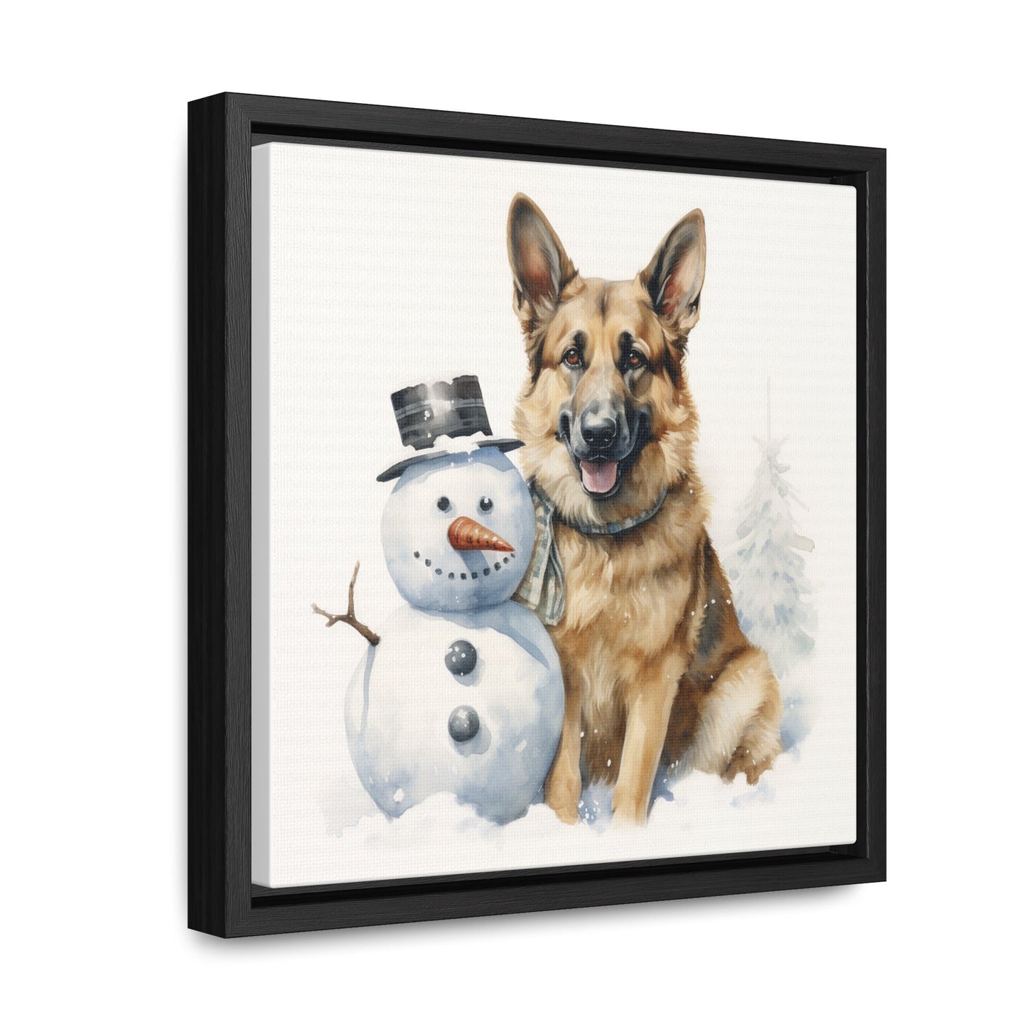 German Shepherd with Snowman Watercolor | Framed Canvas