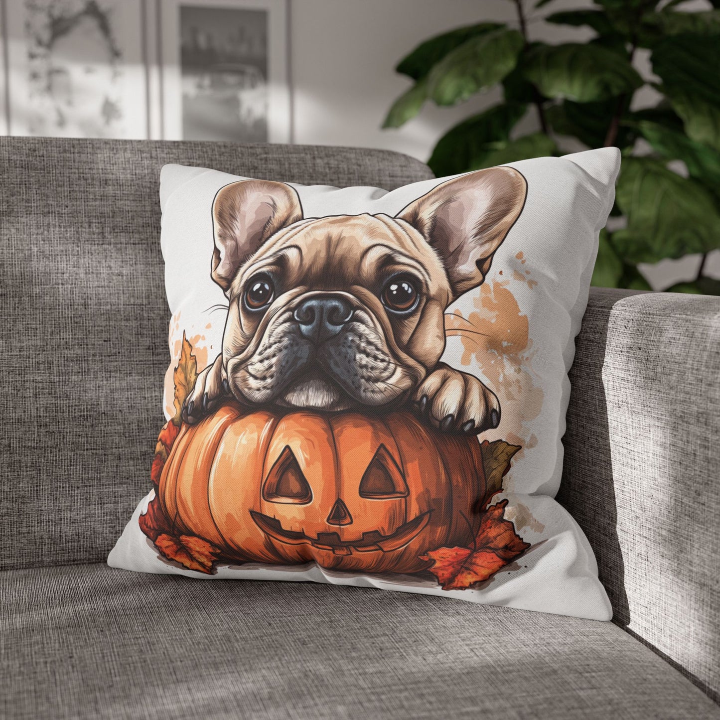 Cute French Bulldog with Pumpkin | Spun Polyester Square Pillowcase