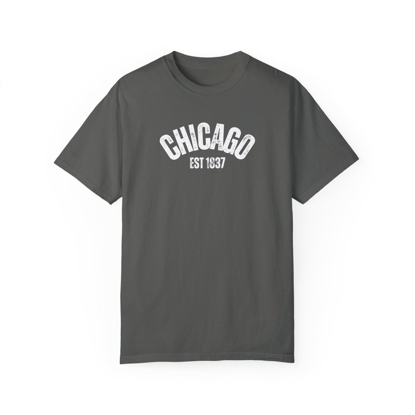 CHICAGO Funky Illustration of the Chicago Skyline on Back Grunge Chicago Logo on Front | Comfort Colors | Unisex Garment-Dyed T-shirt