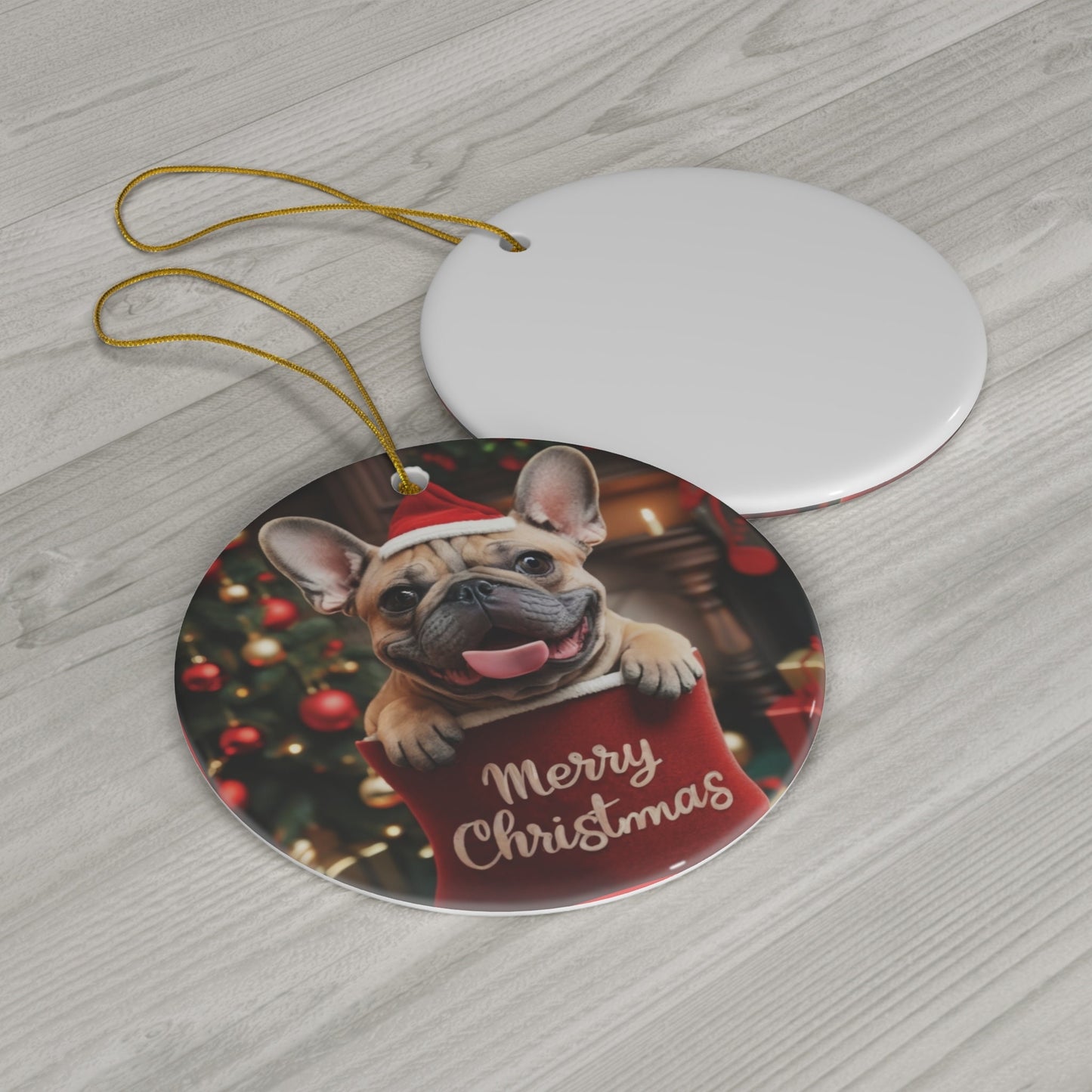 French Bulldog Puppy in Stocking with Santa Hat | Ceramic Ornament, Circle