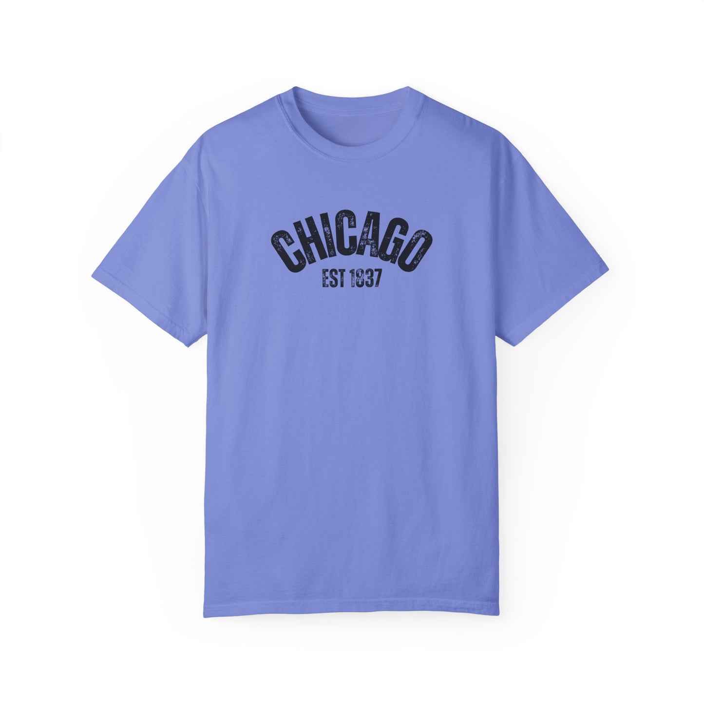 CHICAGO Funky Illustration of the Chicago Skyline on Back Grunge Chicago Logo on Front | Comfort Colors | Unisex Garment-Dyed T-shirt