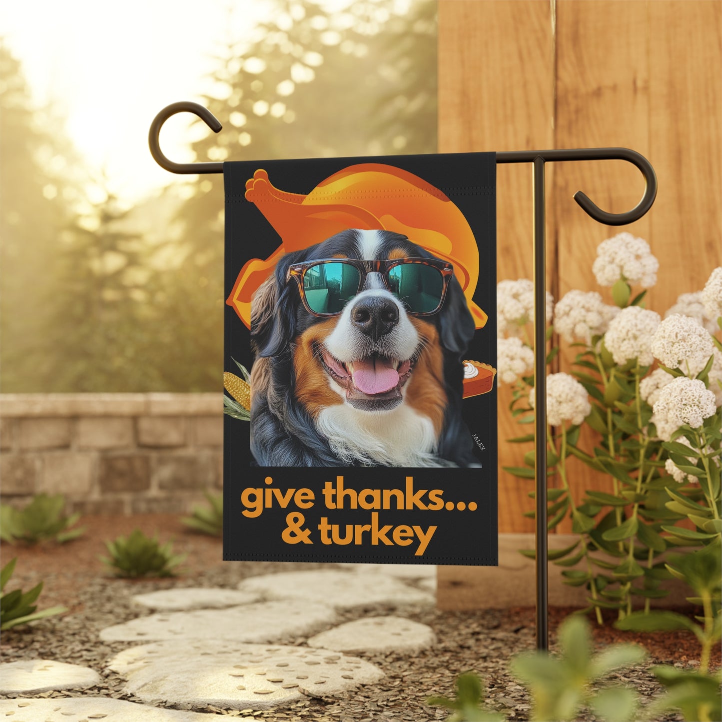 Bernese Mountain Dog Flag, Garden Flag, Give Thanks & Turkey, House Flag, Banner, Printed Both Sides