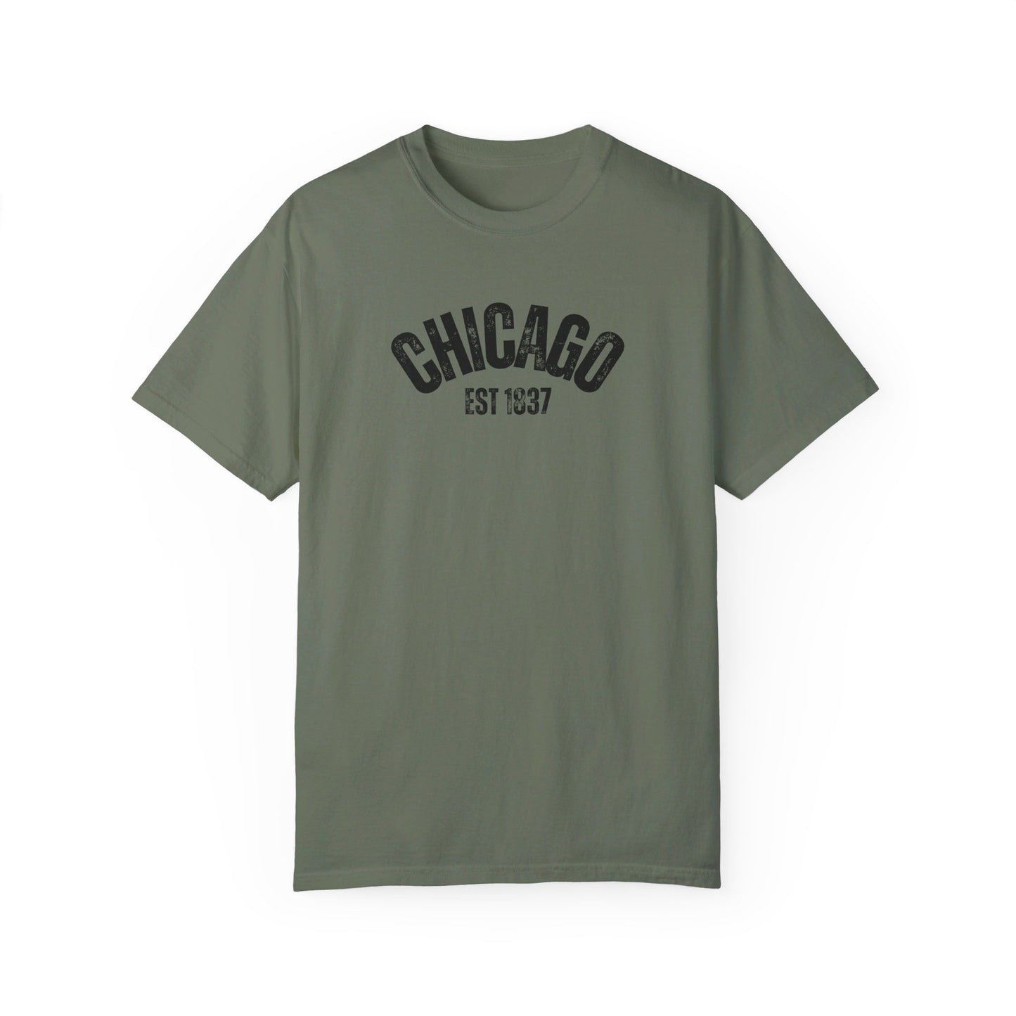 CHICAGO Funky Illustration of the Chicago Skyline on Back Grunge Chicago Logo on Front | Comfort Colors | Unisex Garment-Dyed T-shirt