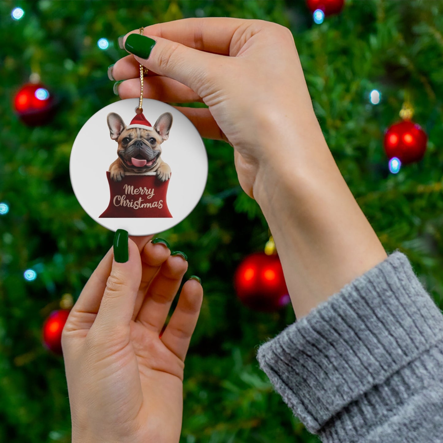 French Bulldog Puppy in Stocking with Santa Hat | Ceramic Ornament, Circle (white background)