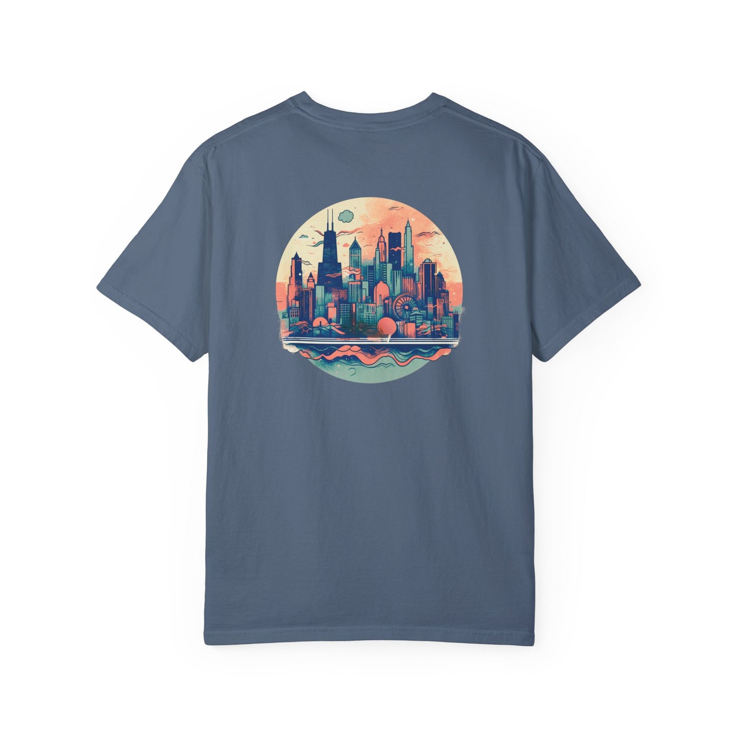 CHICAGO Funky Illustration of the Chicago Skyline on Back Grunge Chicago Logo on Front | Comfort Colors | Unisex Garment-Dyed T-shirt