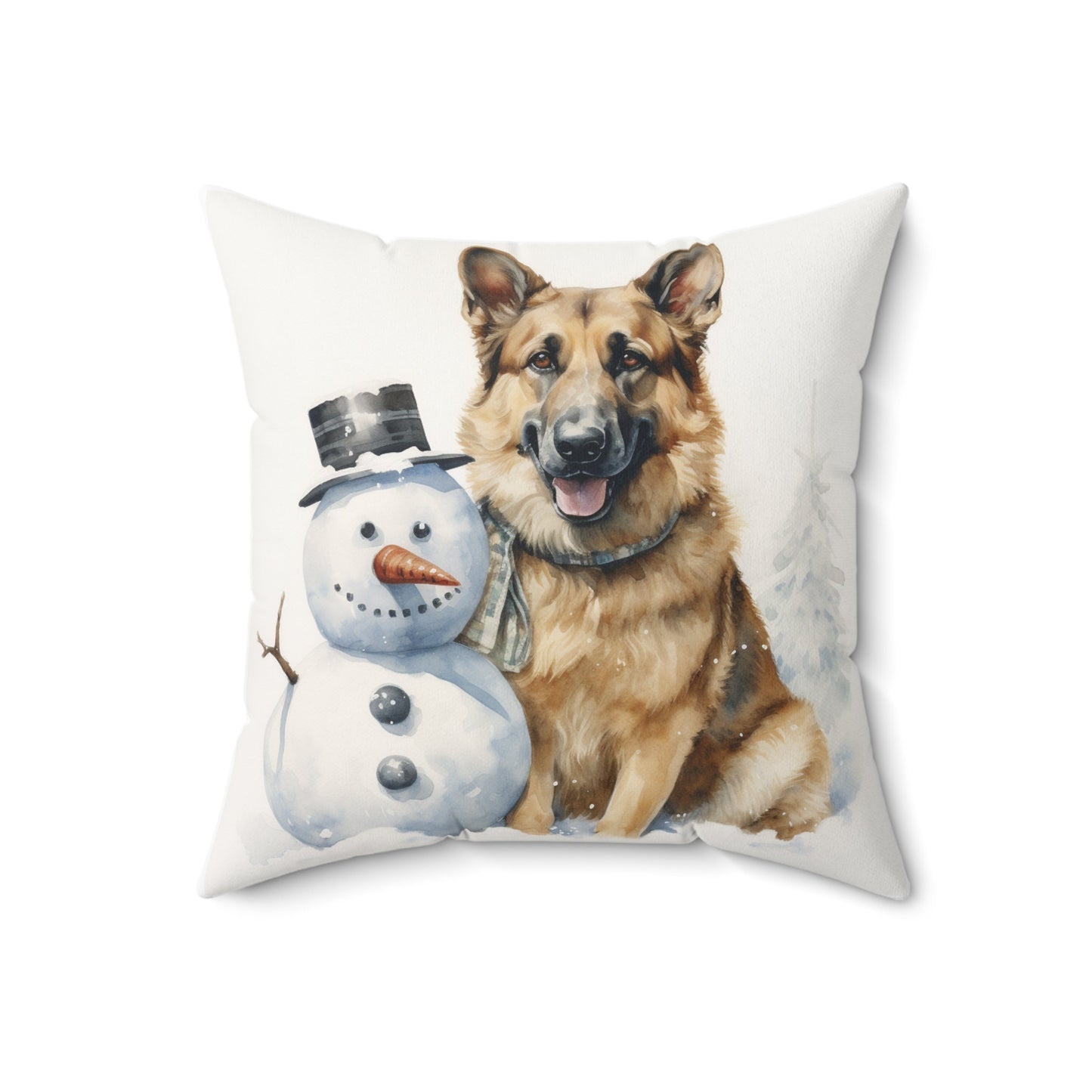 German Shepherd and Snowman Watercolor Pillow