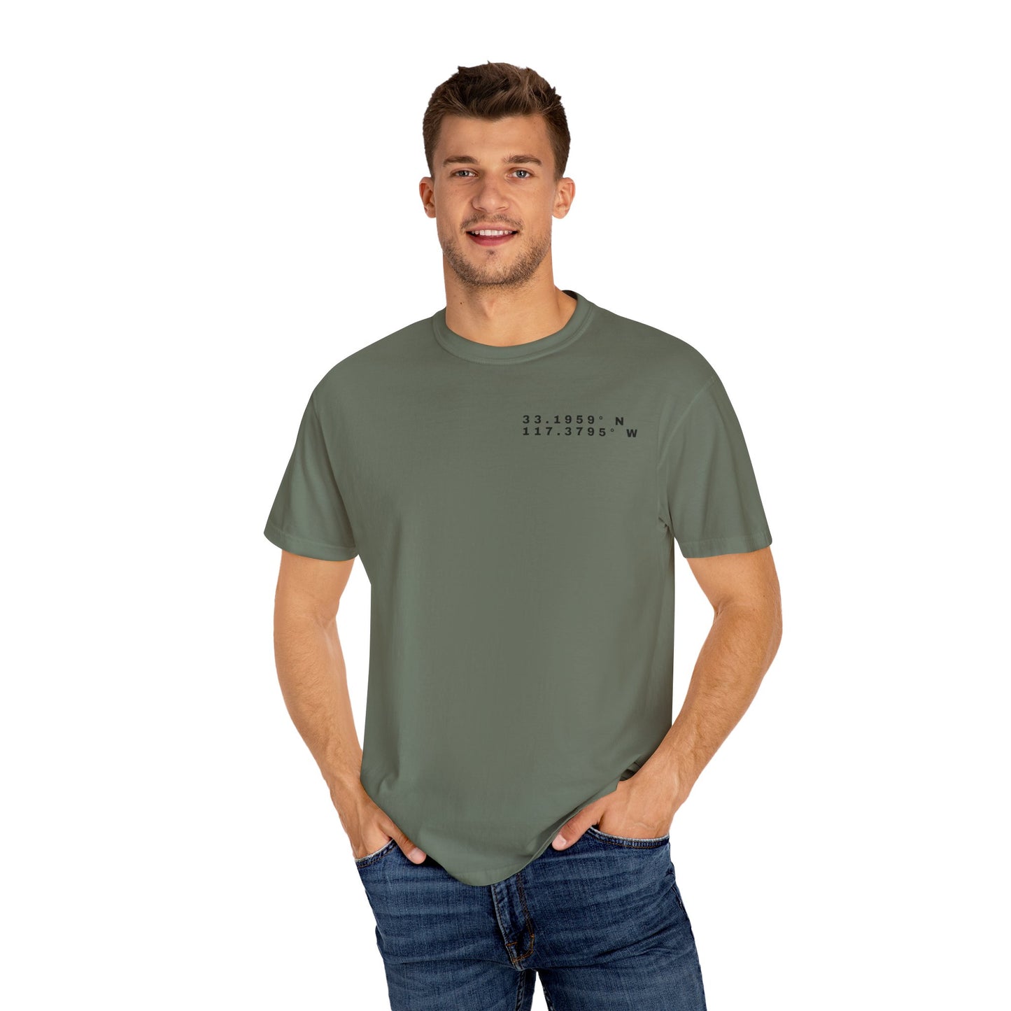 Oceanside CA Beach Ocean Waves Actual Photo on Back Longitude Latitude Coordinates on Front | Comfort Colors | Unisex Garment-Dyed T-shirt