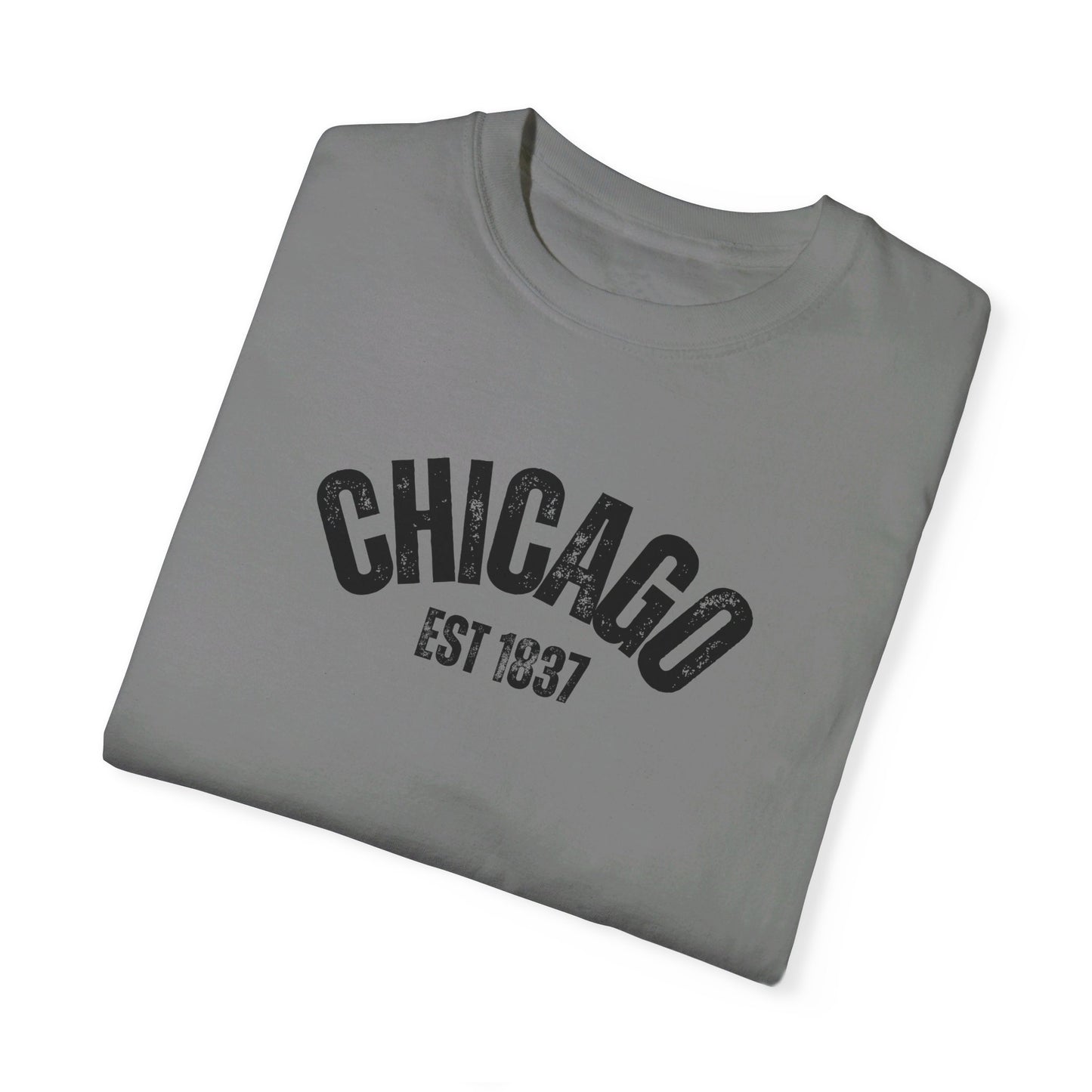 CHICAGO Funky Illustration of the Chicago Skyline on Back Grunge Chicago Logo on Front | Comfort Colors | Unisex Garment-Dyed T-shirt